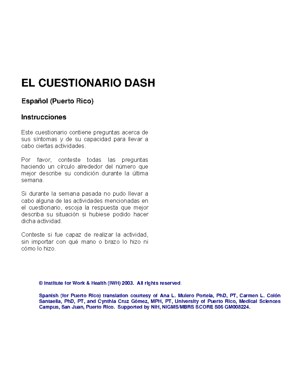 Cuestionario DASH para Evaluación de Discapacidad en Actividades - Studocu