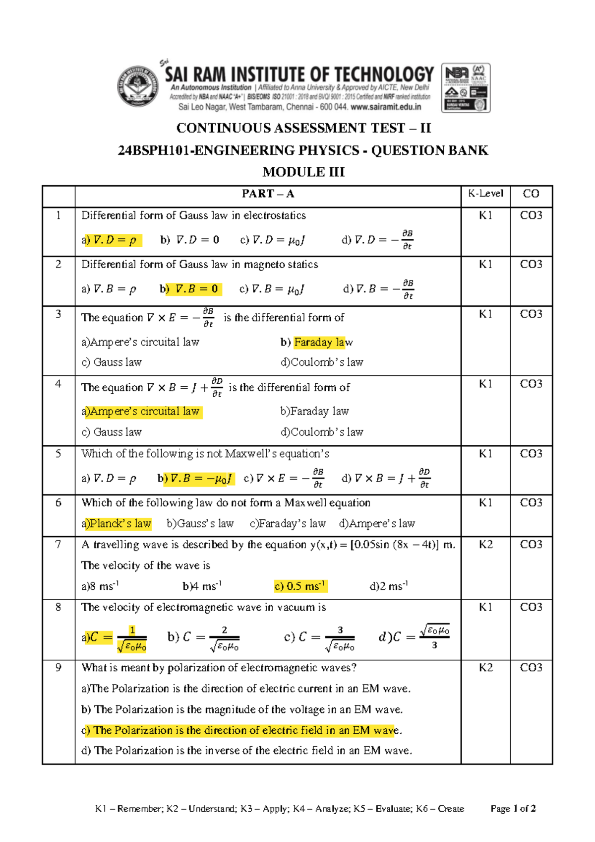 Physics QB M3,4 - question bank - CONTINUOUS ASSESSMENT TEST – II ...