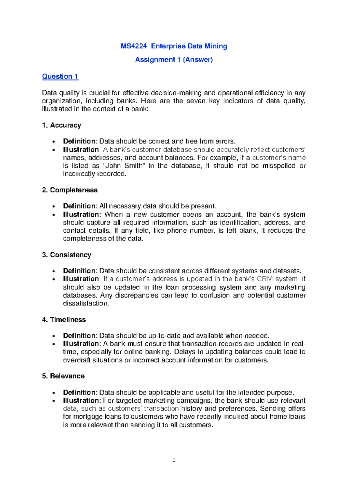 MS4224 Enterprise Data Mining Assignment 1: Data Quality Insights - Studocu