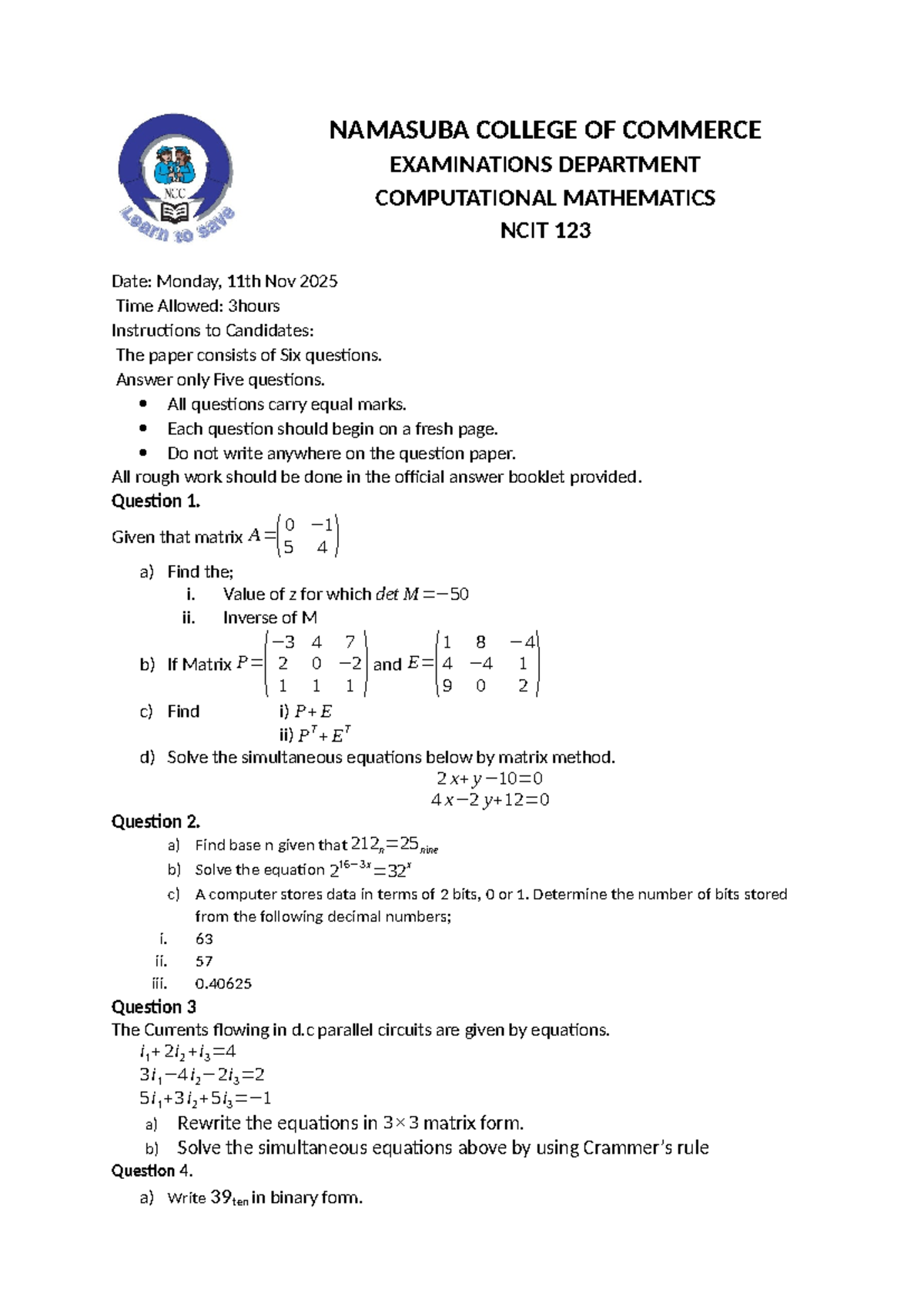 Computational Mathematics Exam NCIT 123 - Nov 11, 2025 - Studocu