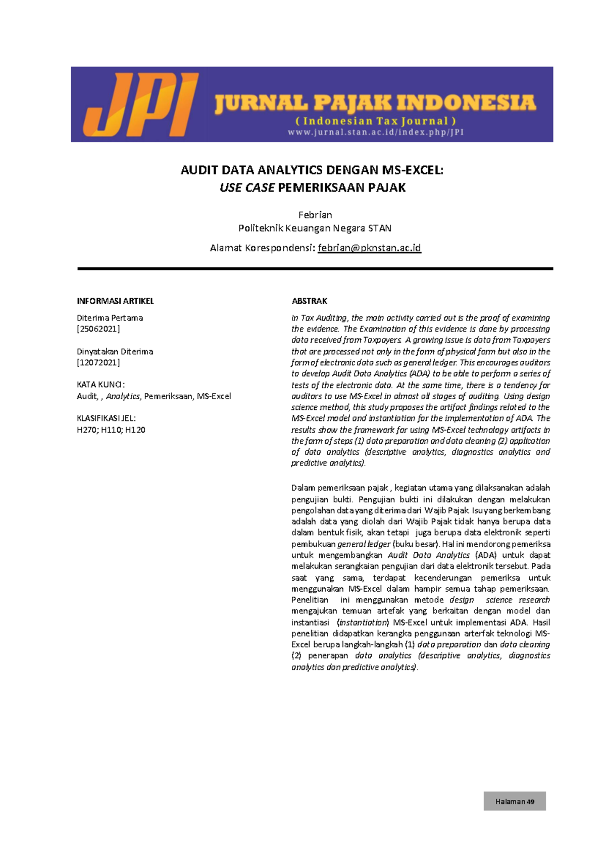 Audit DATA Analytics dan Implementasi MS-Excel pada Pemeriksaan Pajak ...