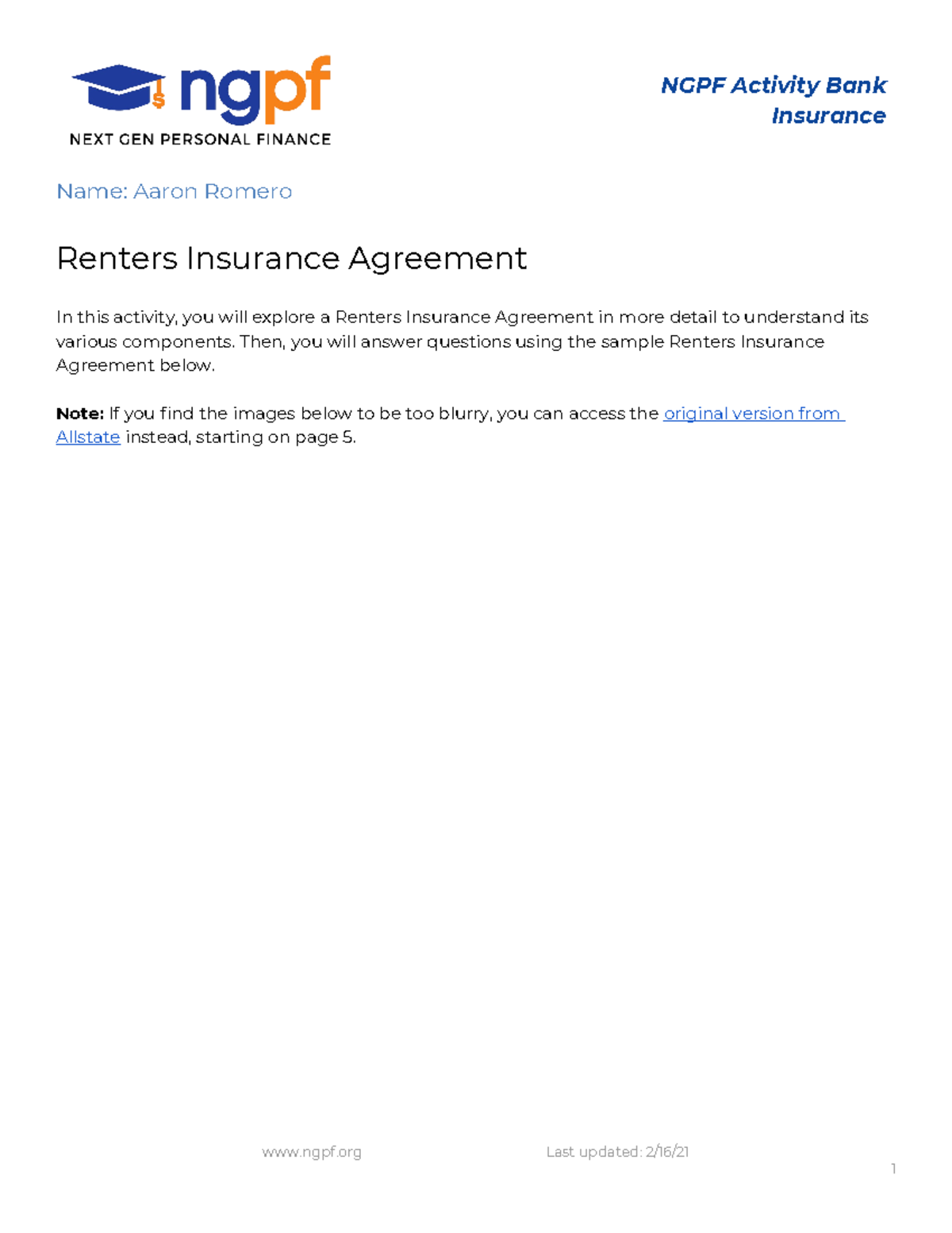 Renters Insurance Agreement Analysis & Overview: Activity Guide - Studocu