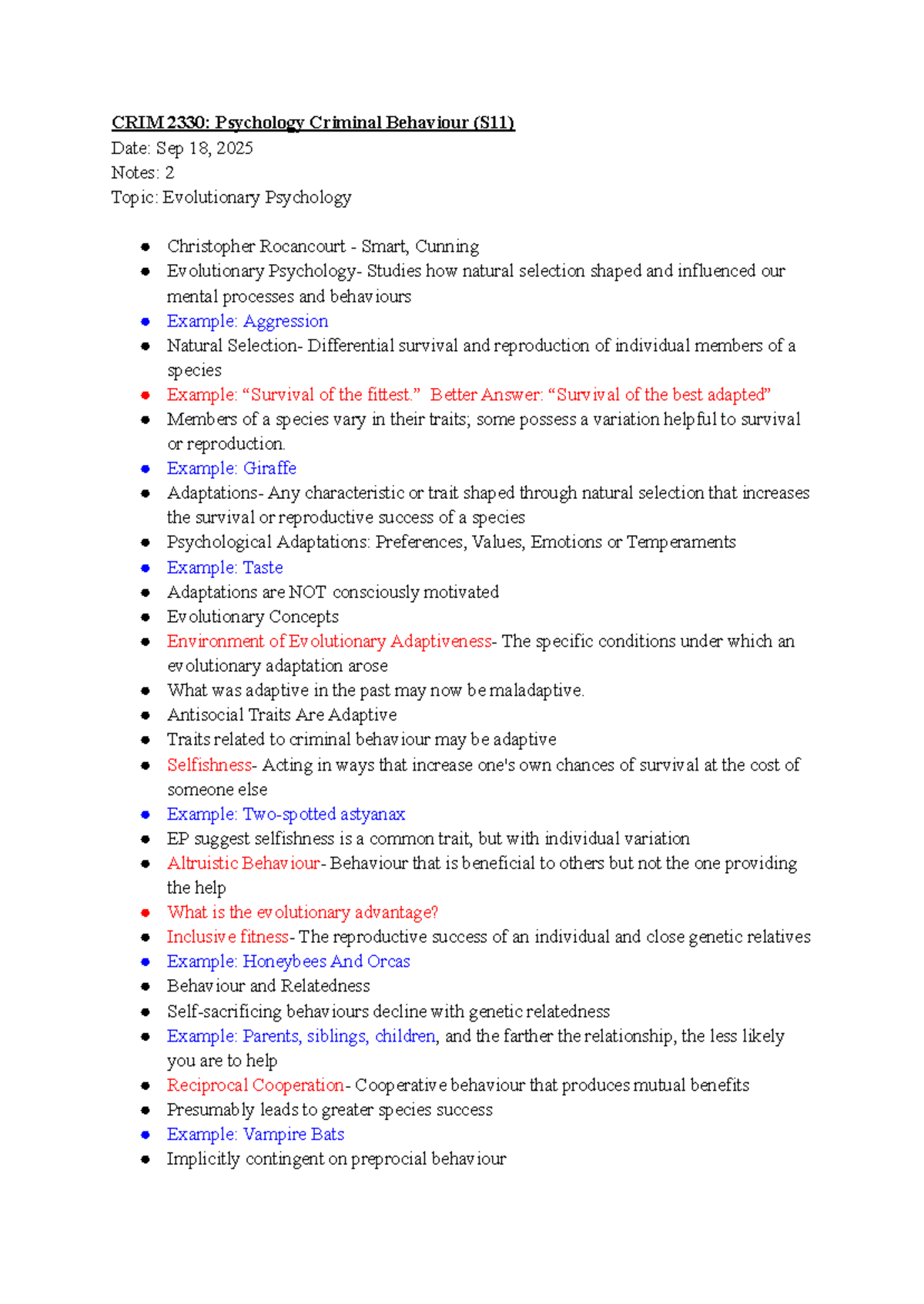 CRIM 2330: Evolutionary Psychology in Criminal Behaviour Notes 2 - Studocu