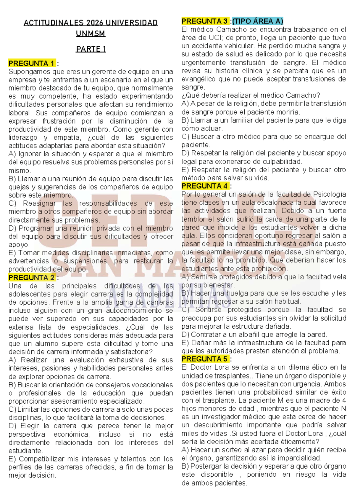 Actitudinales 2026 UNMSM: Preguntas y Respuestas Finales - Document Preview