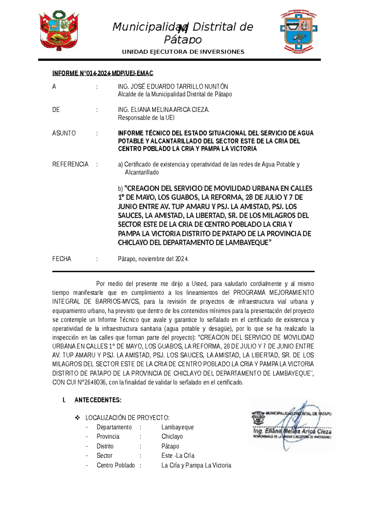 Informe Técnico N°014-2024-MDP sobre Agua Potable y Alcantarillado en Pátapo - Document Preview
