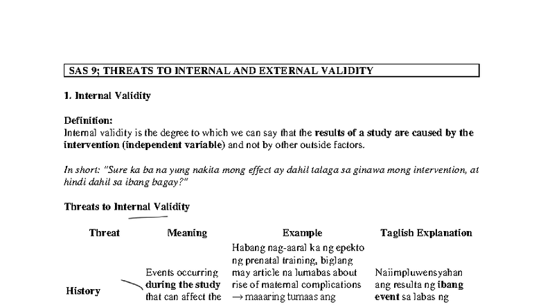 SAS12: THREATS TO VALIDITY IN RESEARCH - INTERNAL & EXTERNAL - Studocu