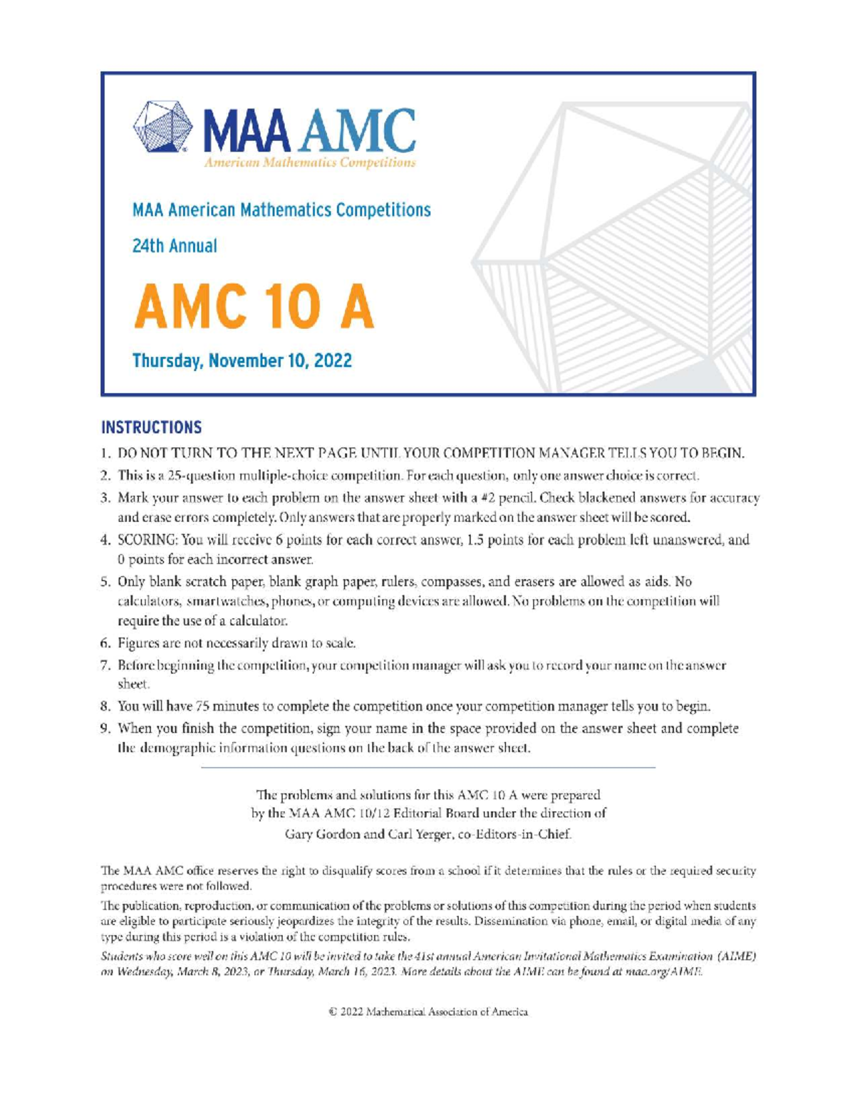 2022 AMC 10A Competition Questions and Instructions - Studocu
