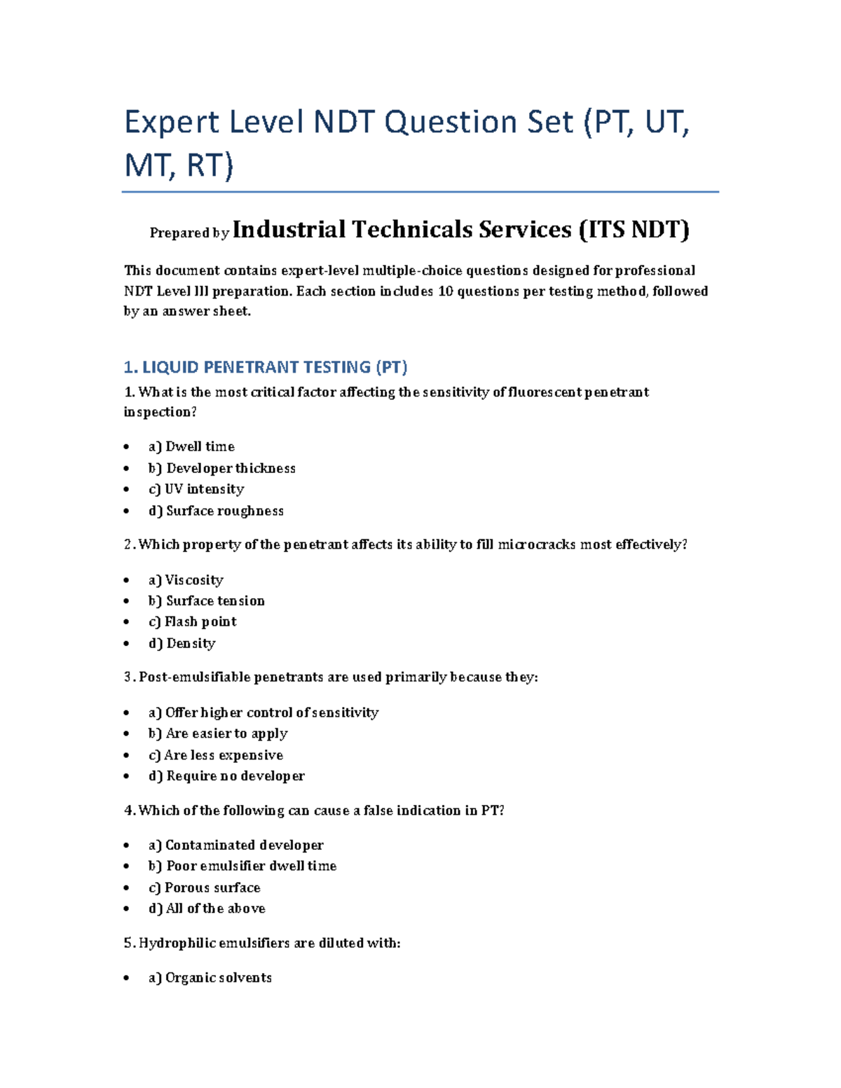 Expert Level NDT Question Set (PT, UT, MT, RT) for Professionals - Studocu