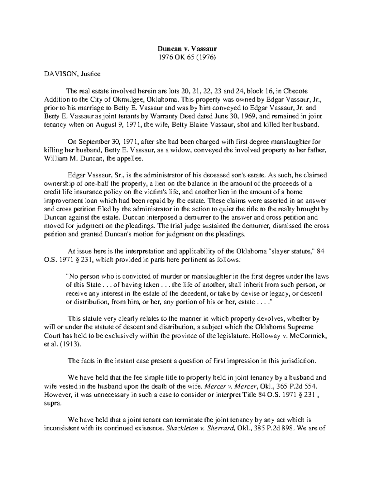 Duncan v. Vassaur: Joint Tenancy and Inheritance Rights in 1976 OK 65 ...