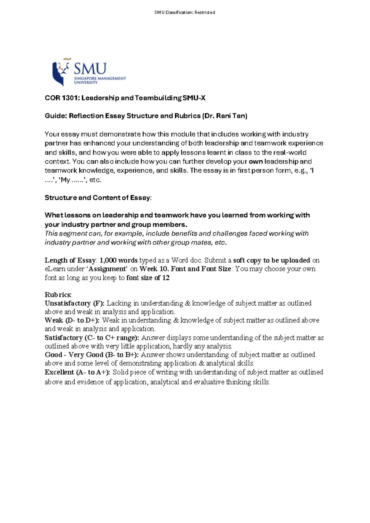 Guide to Personal Essay - 1 SMU Classification: Restricted COR 13 01 ...