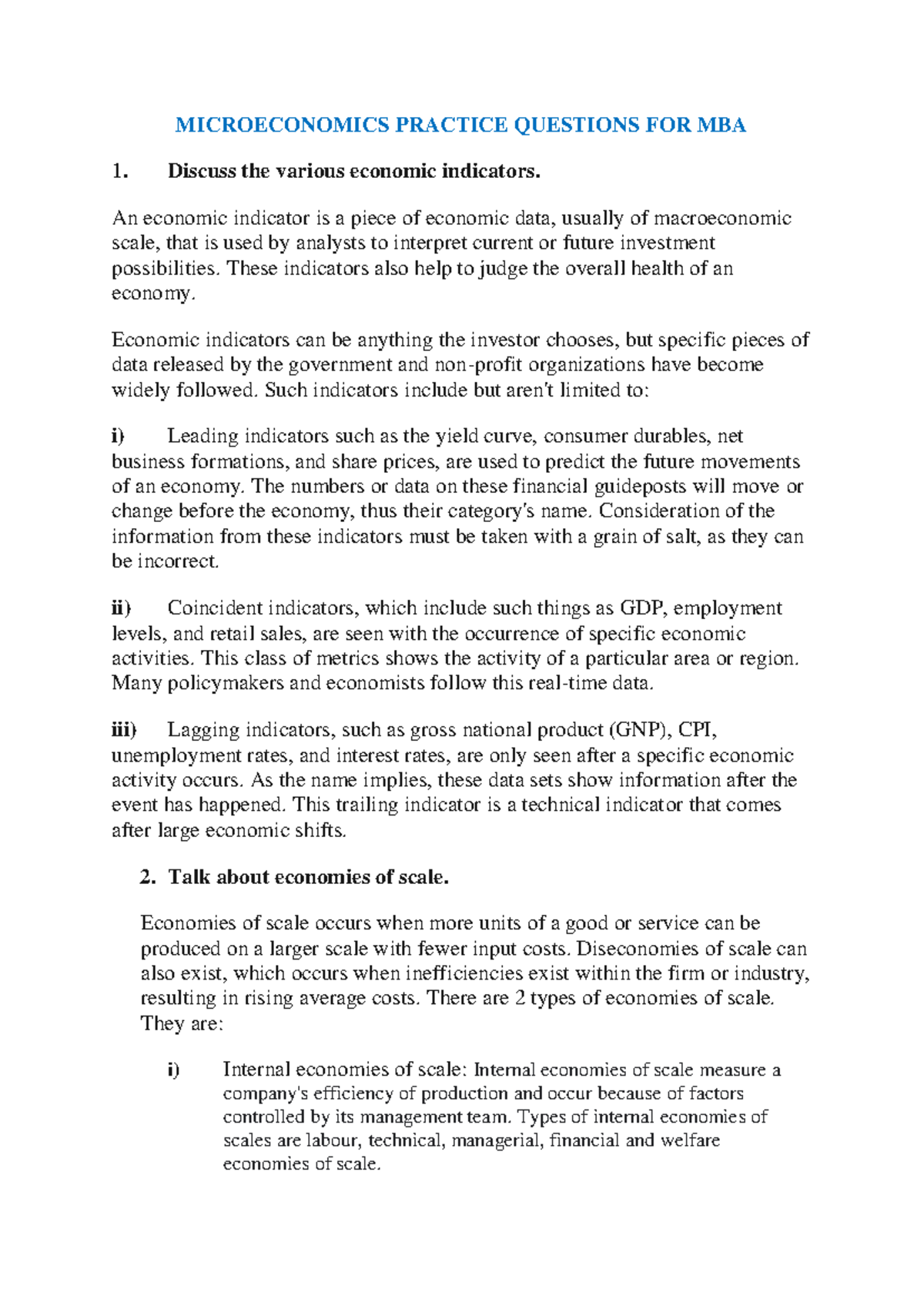 Microeconomics Practice Questions for MBA Exam Preparation - Studocu