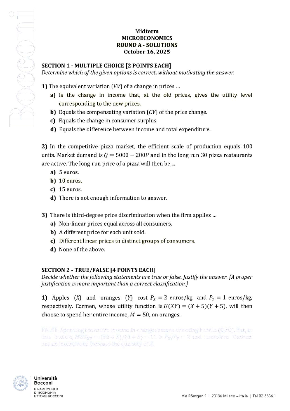 Midterm MICROECONOMICS Exam Round A Solutions - October 2025 - Studocu