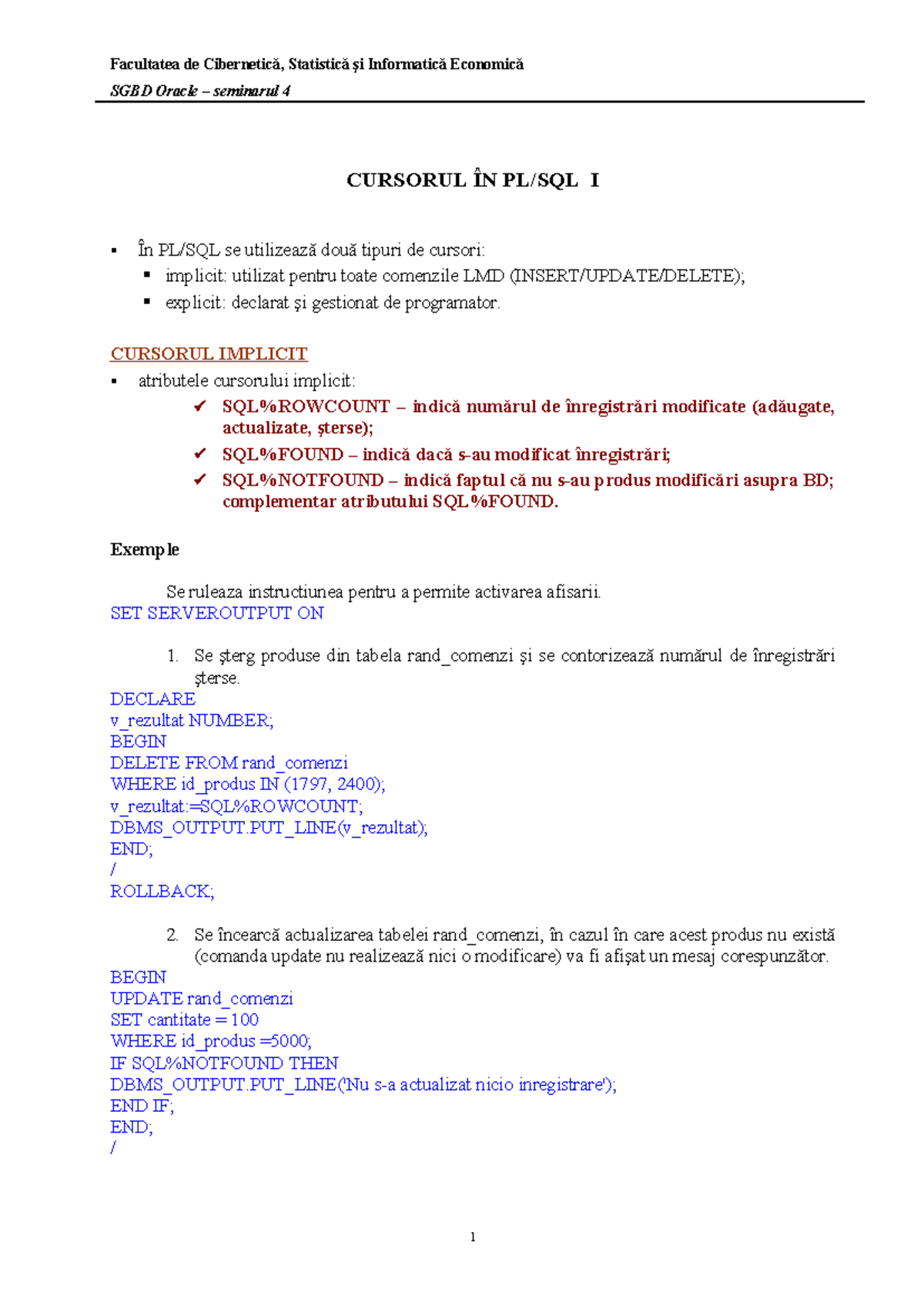 Seminar 4: Cursorul în SGBD Oracle - ASE - Studocu