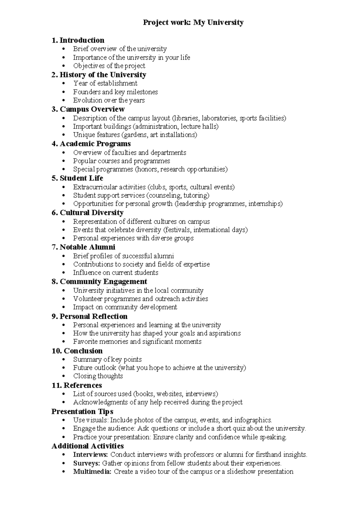 Project work and assessment criteria - Project work: My University 1 ...