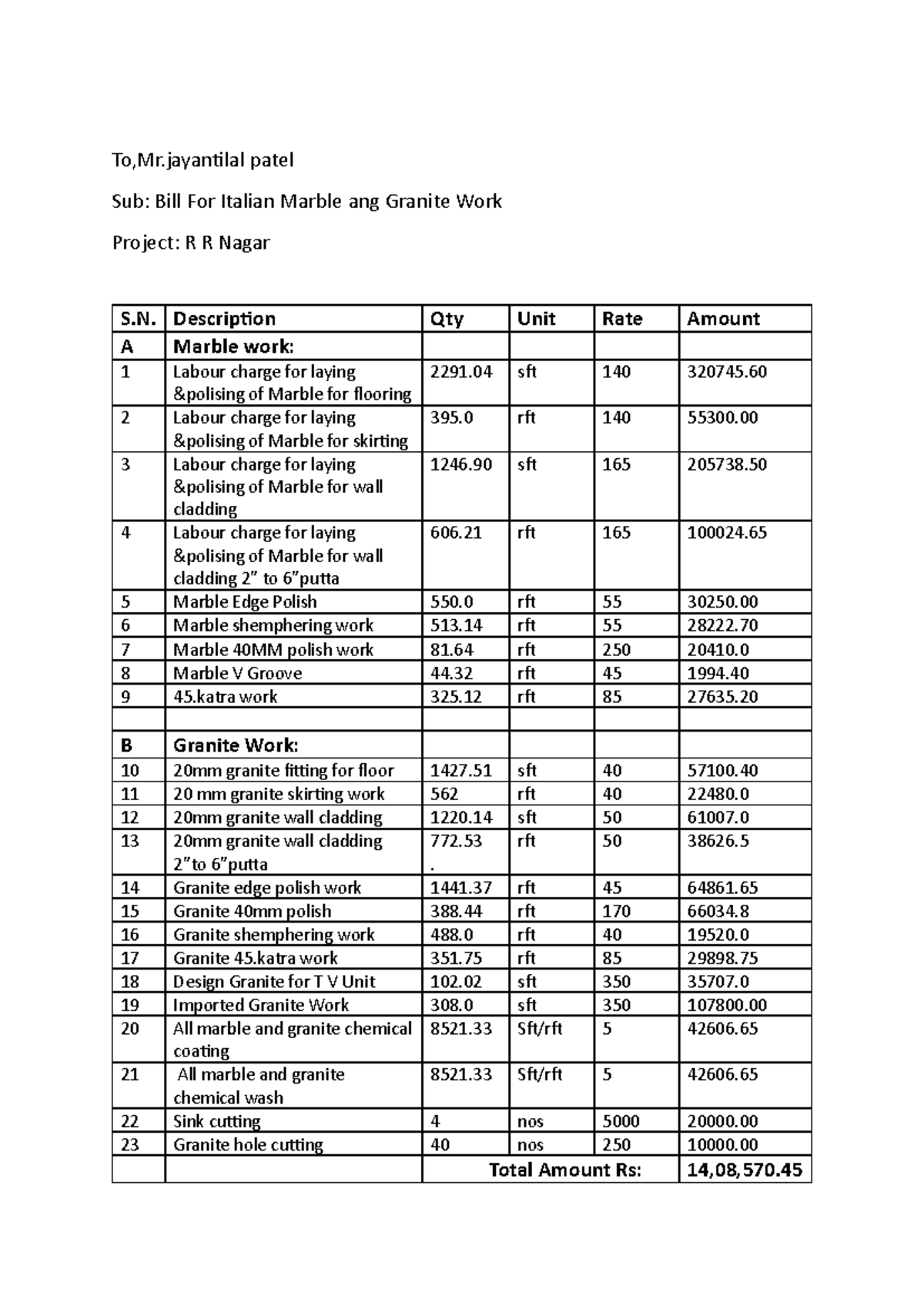 Bill for Italian Marble & Granite Work Project - R R Nagar - Studocu
