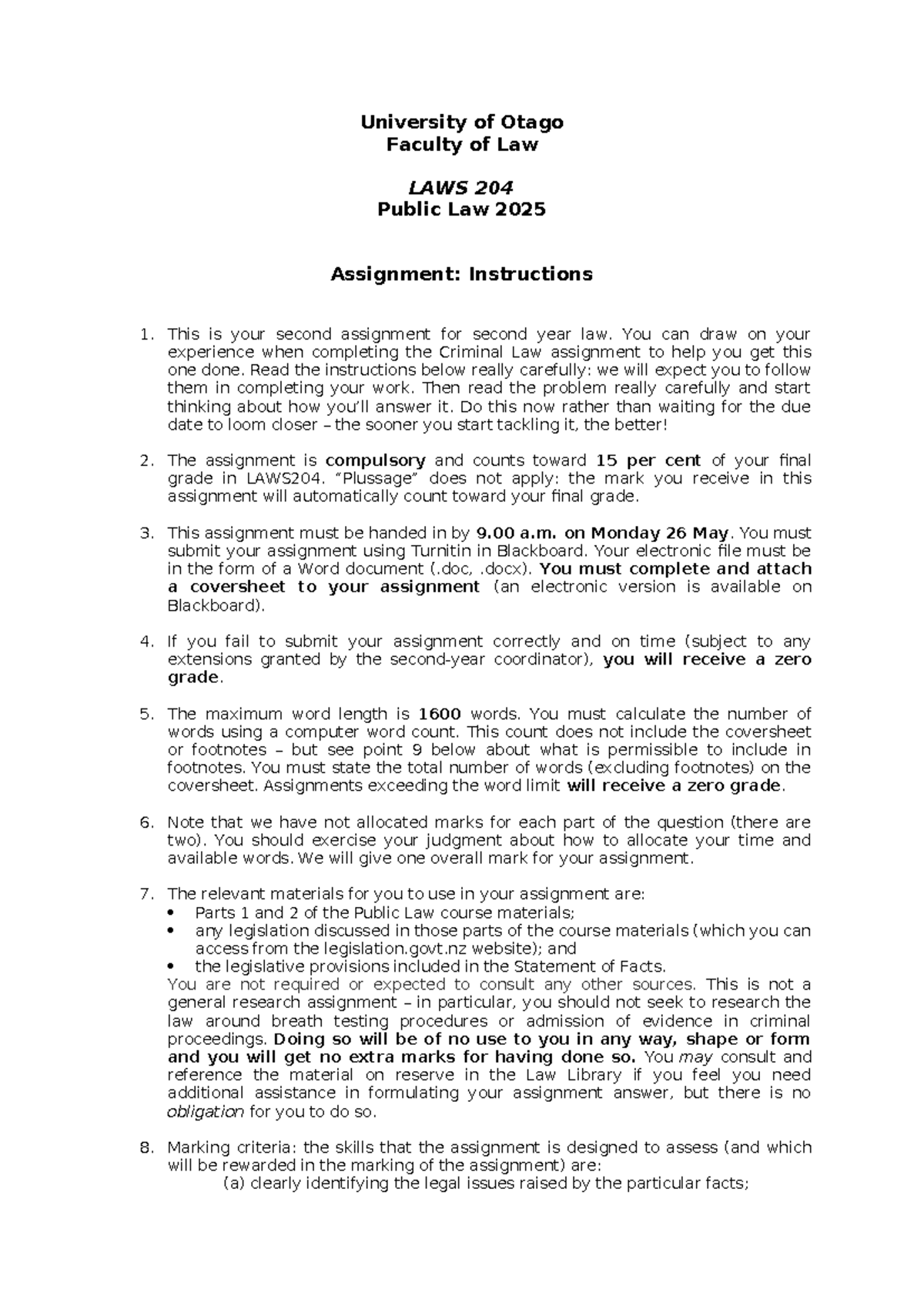 LAWS 204 Public Law 2025: Assignment Instructions and Guidelines - Studocu