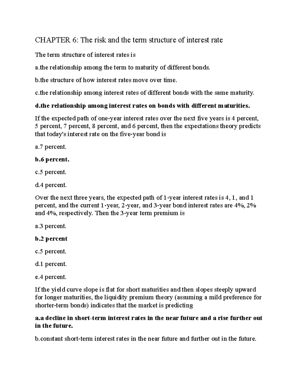 Quiz Chapter 6: Risk and Term Structure of Interest Rates - Studocu
