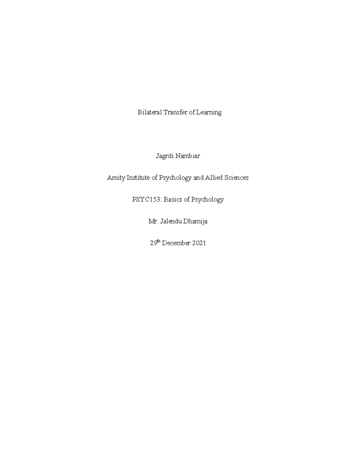Bilateral Transfer of Learning: PSYC153 Final Exam Study Notes - Studocu