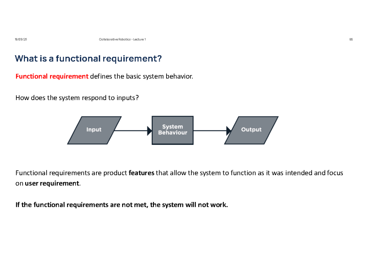Collaborative Robotics Lecture 1: Understanding Functional Requirements ...