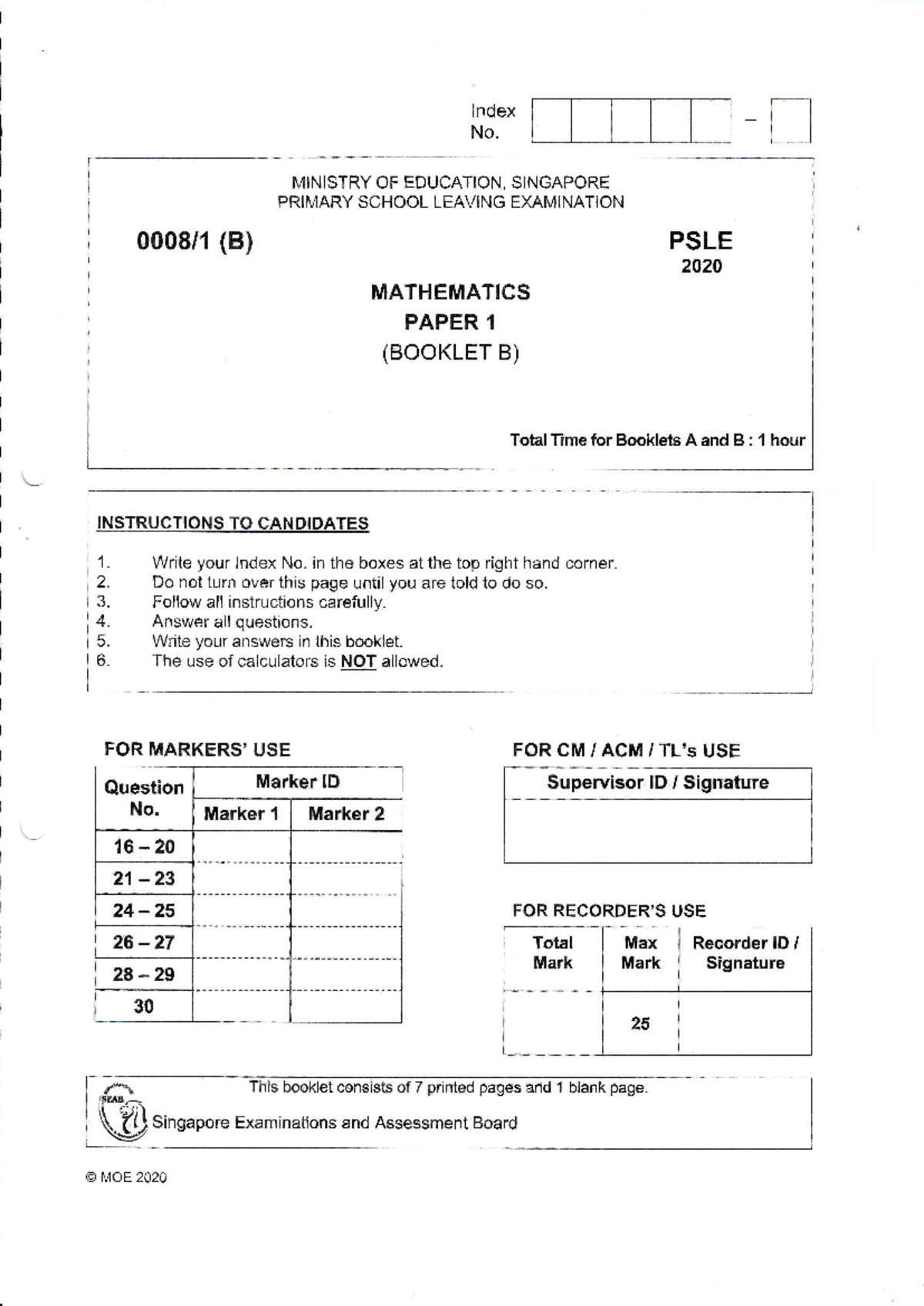 PSLE Maths 2020 Paper 1 Booklet B - Examination Questions and Answers ...