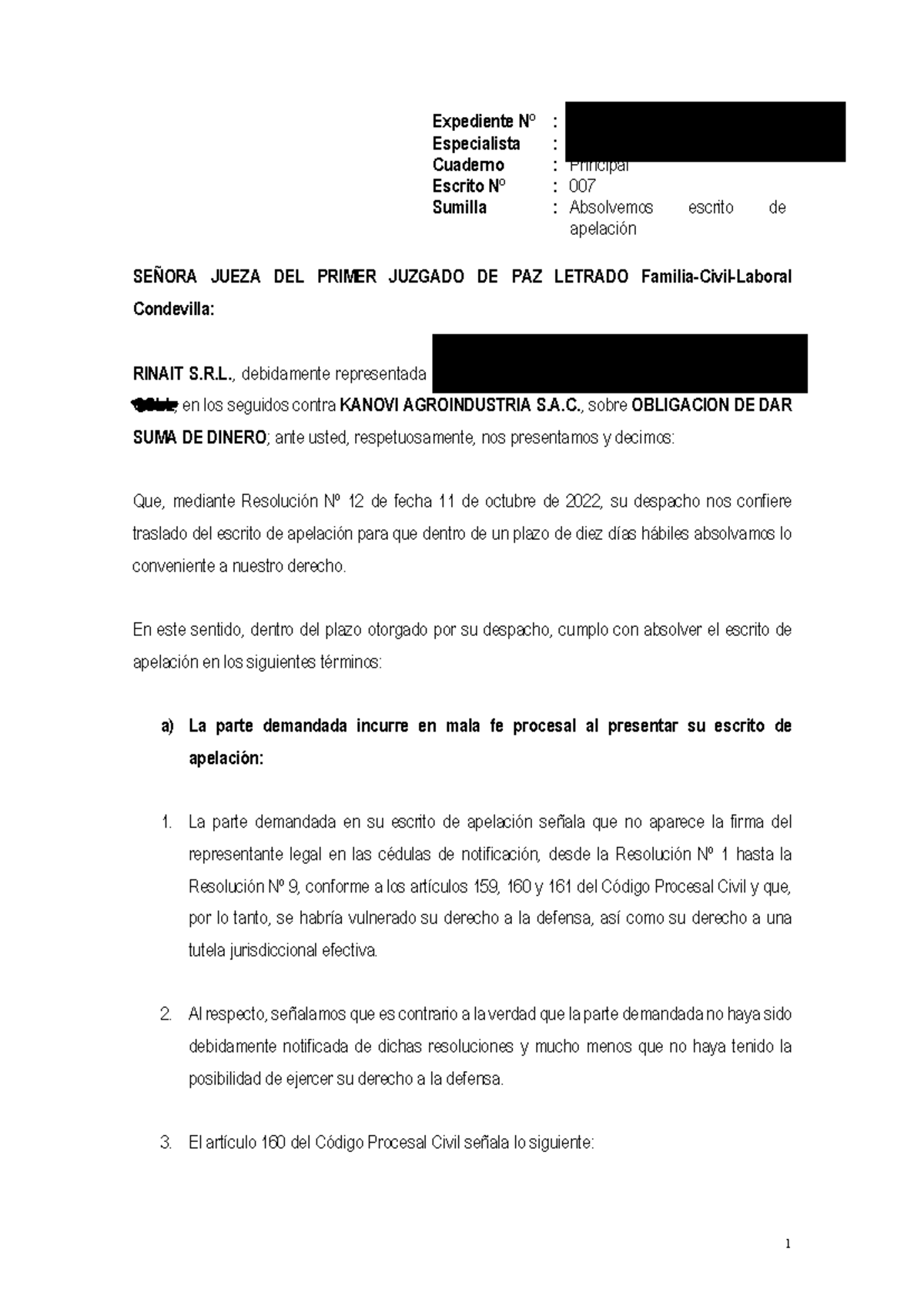 Escrito de Absolución de Apelación - Expediente Nº 007 - RINAIT S.R.L ...