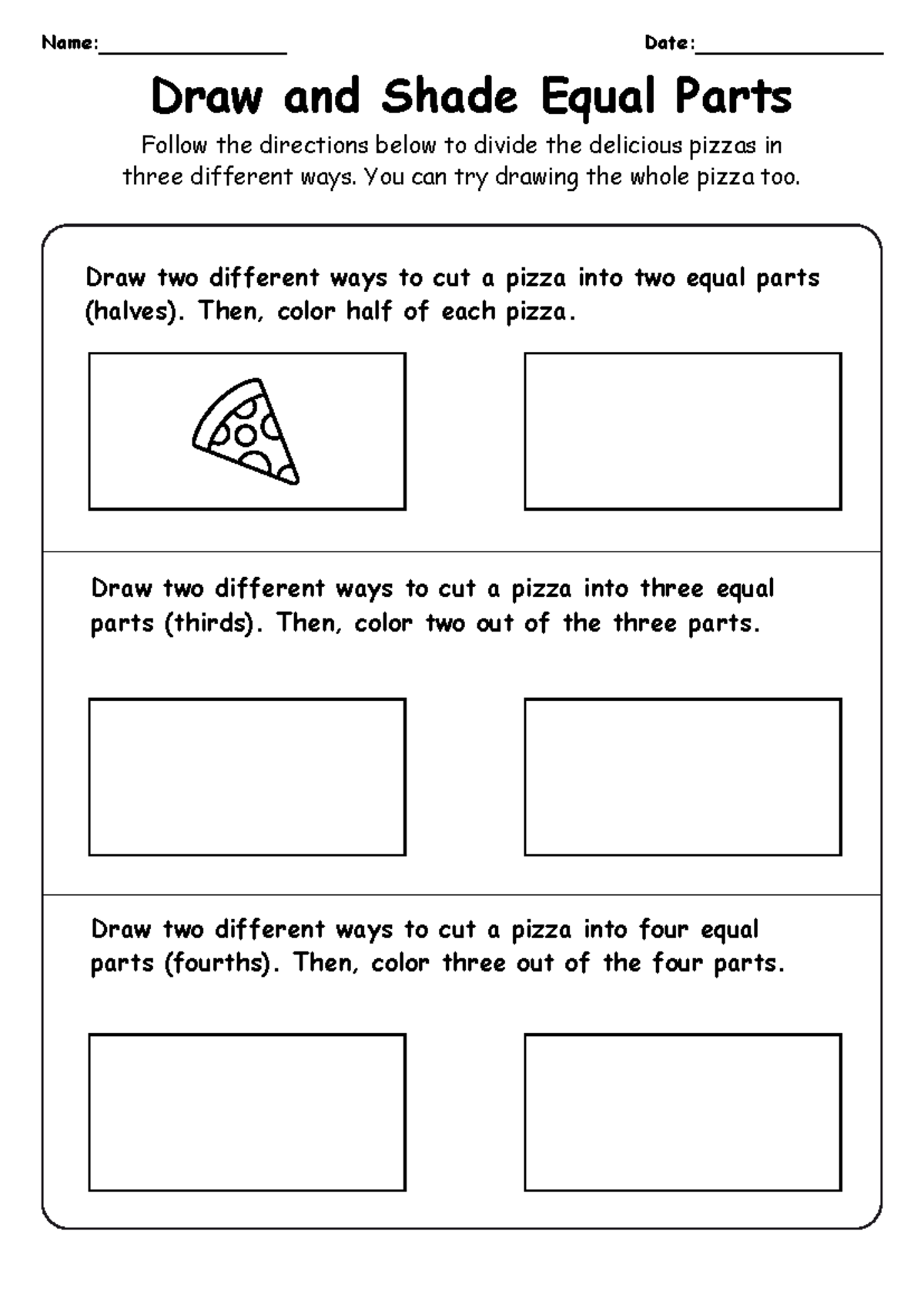 Drawing and Shading Equal Fractions - Worksheet - Name: Date: Draw and ...