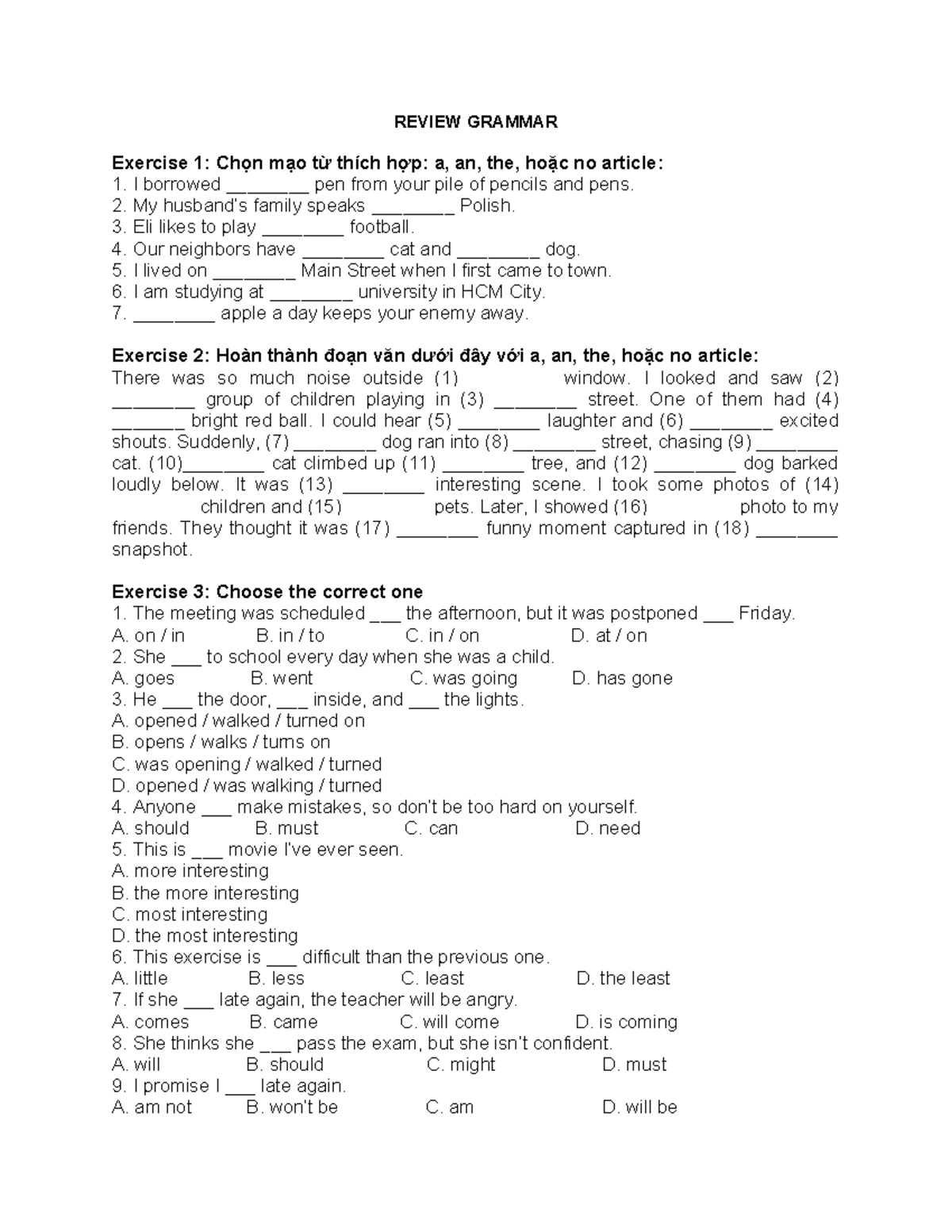 REVIEW GRAMMAR Exercises on Articles and Sentence Structure - Studocu