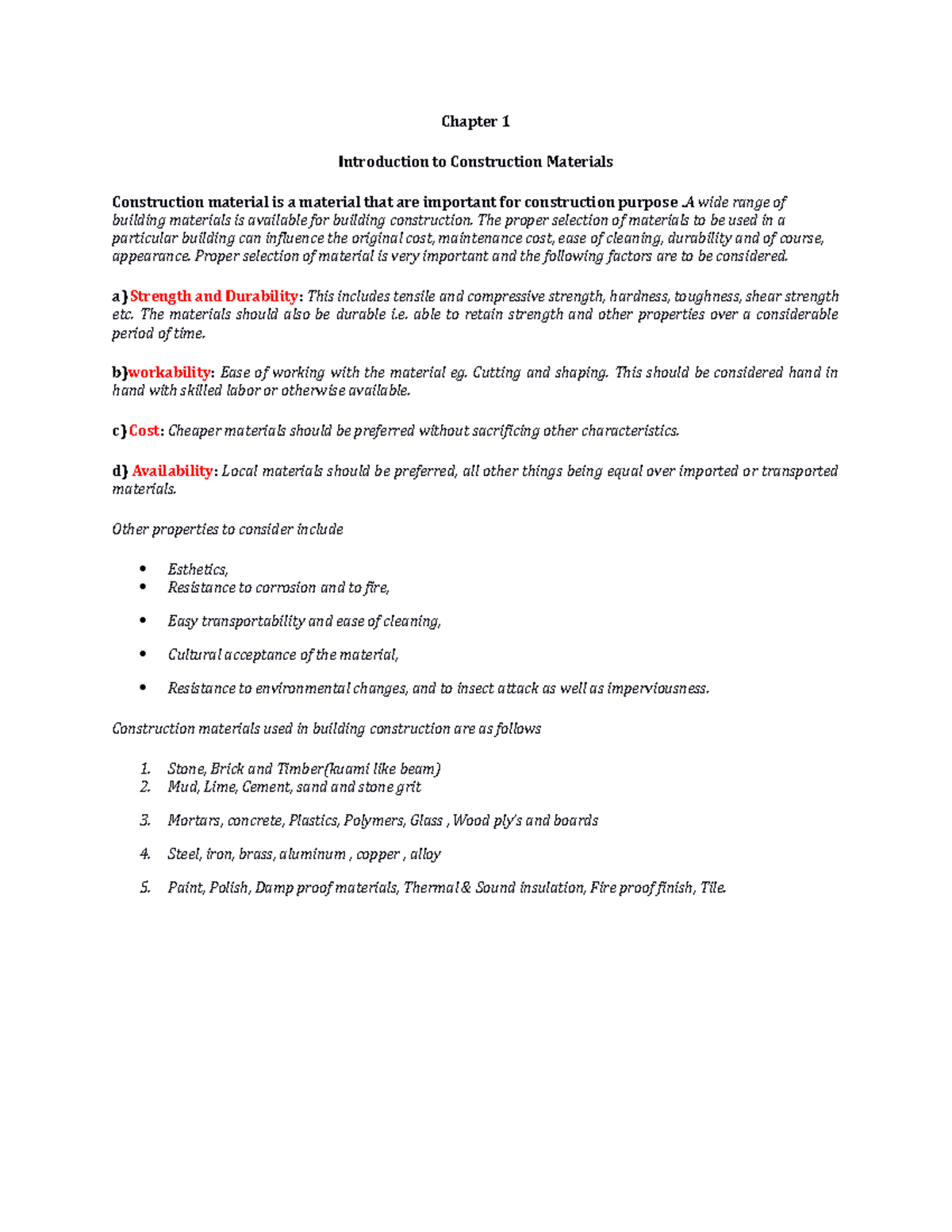 Chapter 1: Introduction to Construction Materials - Key Factors and ...