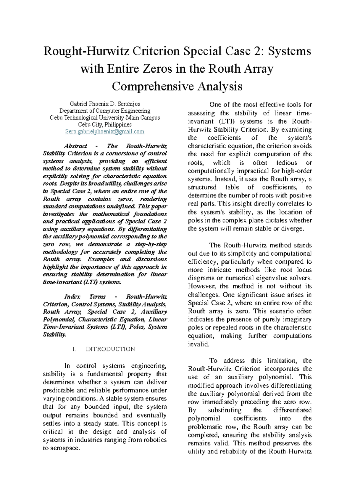 An IEEE Report on Routh-Hurwitz Criterion Special Case 2 - Rought ...