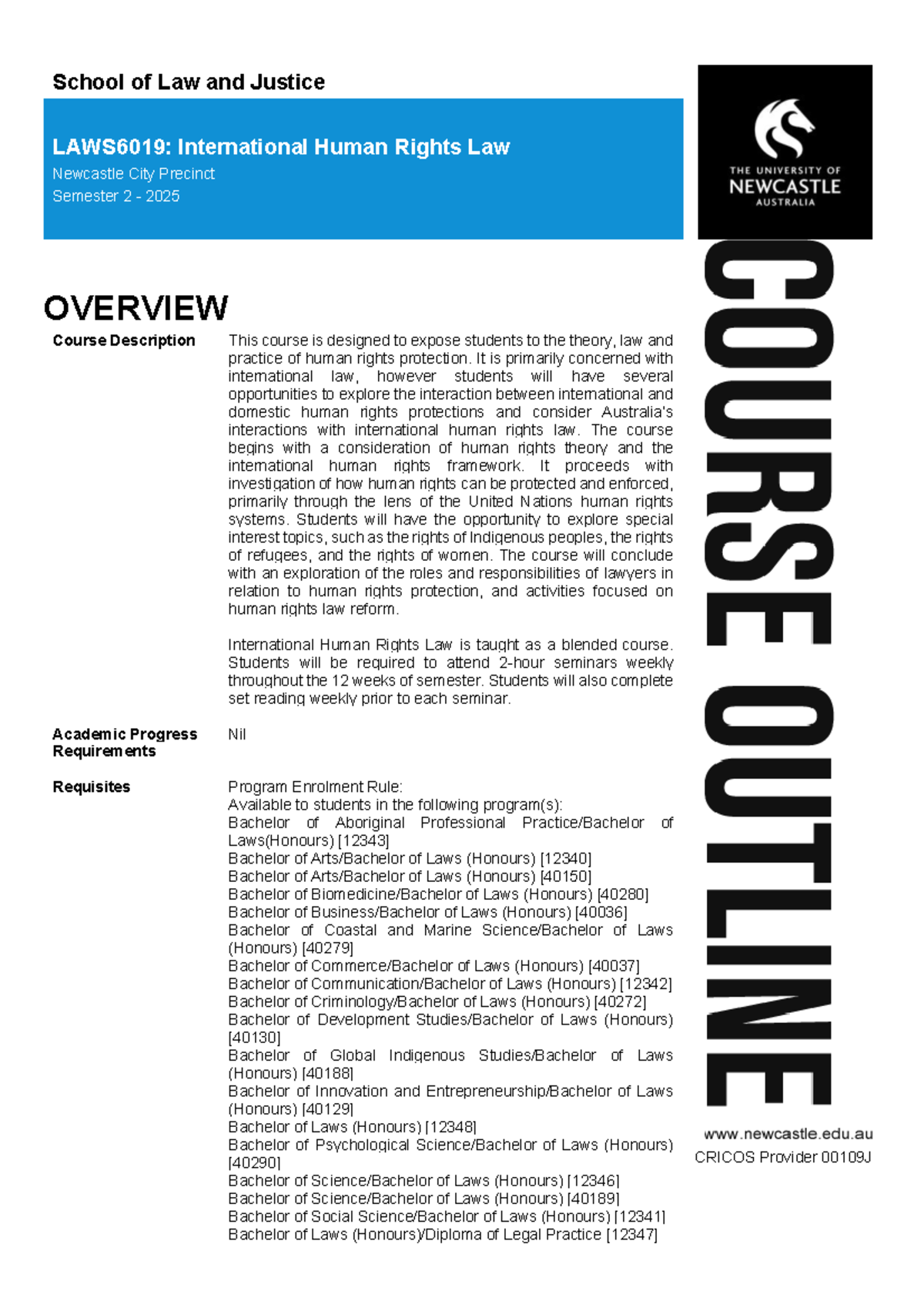 LAWS6019: International Human Rights Law Course Outline - Semester 2 ...