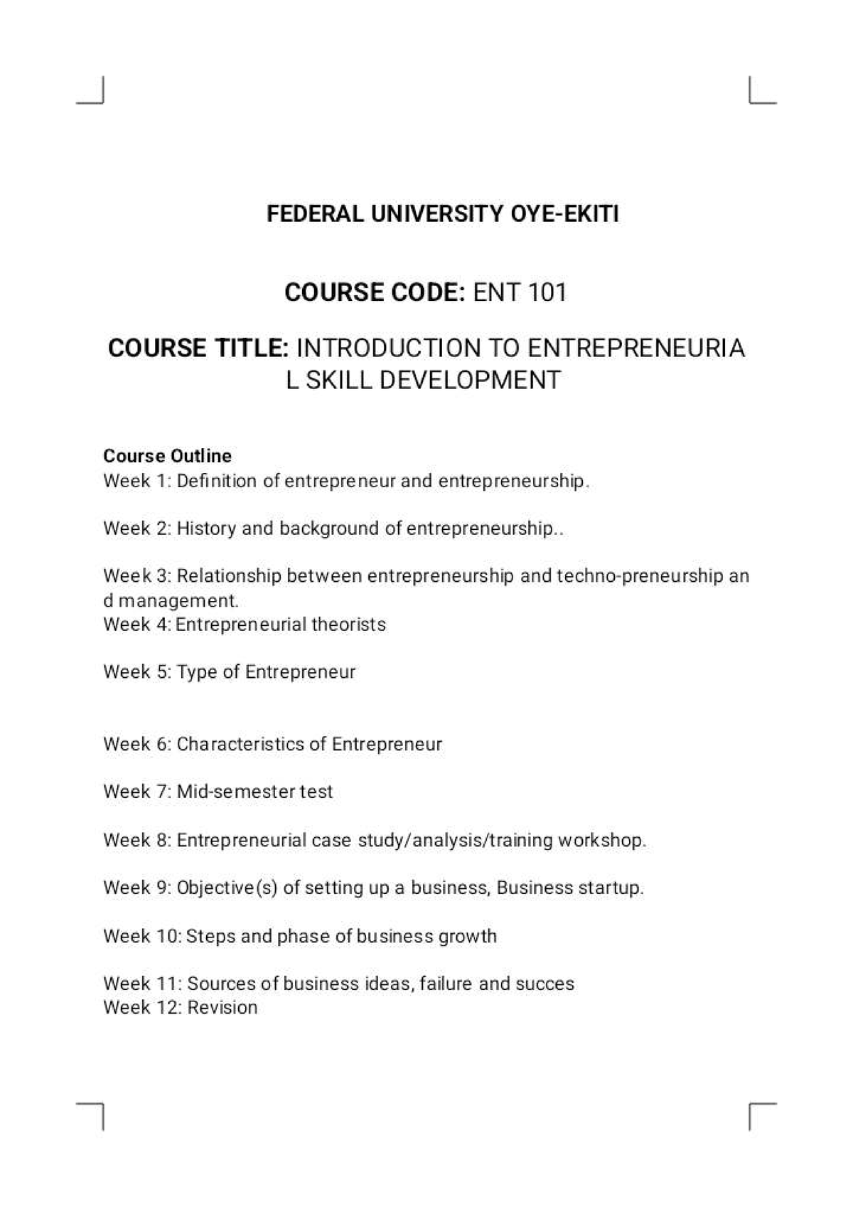ENT 101: Intro to Entrepreneurial Skill Development Course Outline ...
