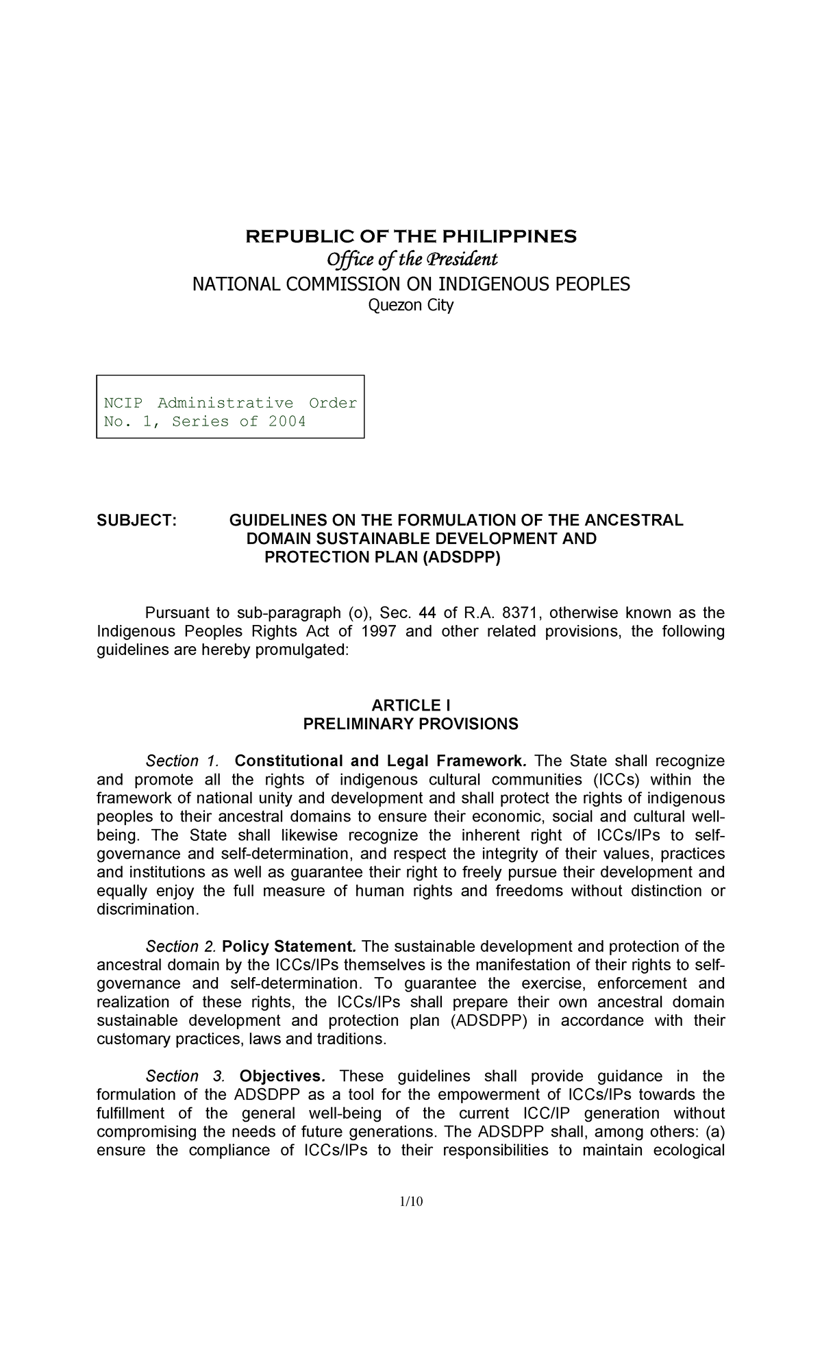 NCIP AO No. 1, S. 2004: Guidelines for ADSDPP Formulation - Studocu