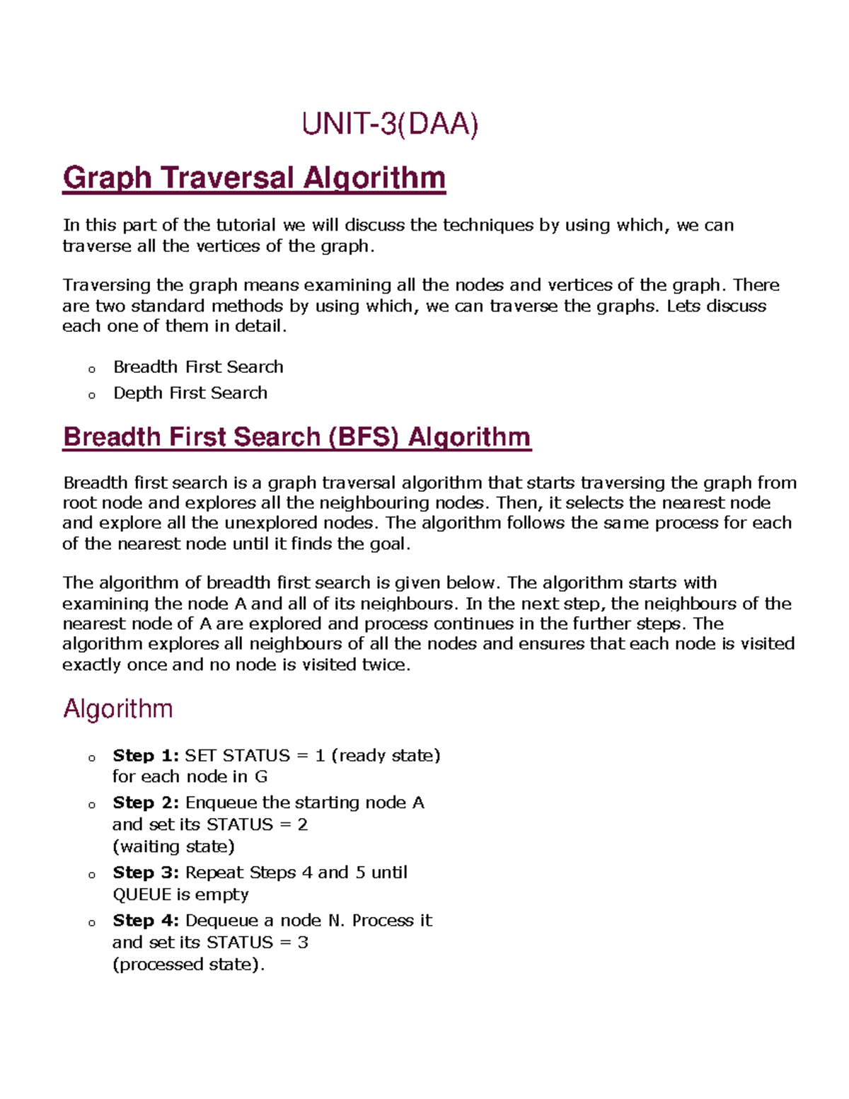 DAA (Unit-3) - Graph Traversal Algorithms and Their Applications - Studocu