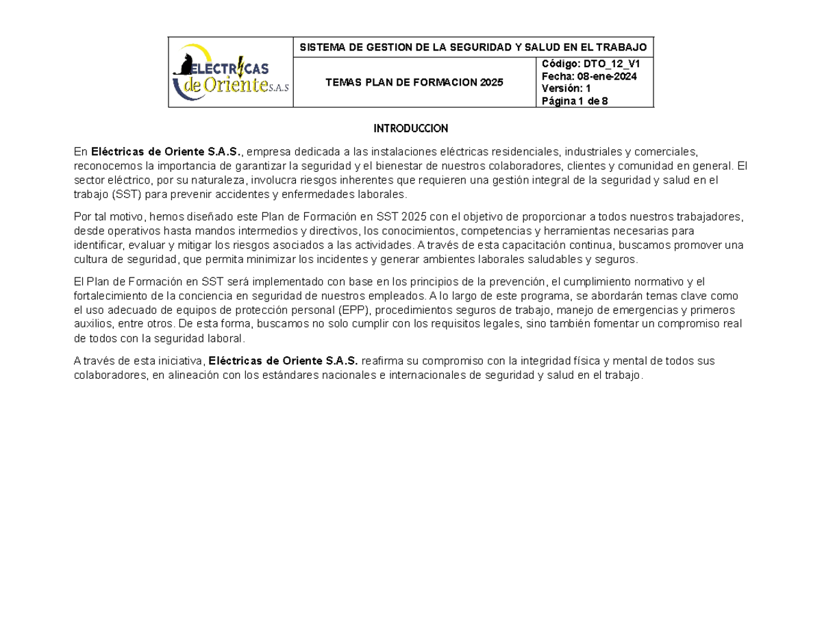 DTO_12_V1: Plan de Formación en Seguridad y Salud Laboral 2025 - Studocu