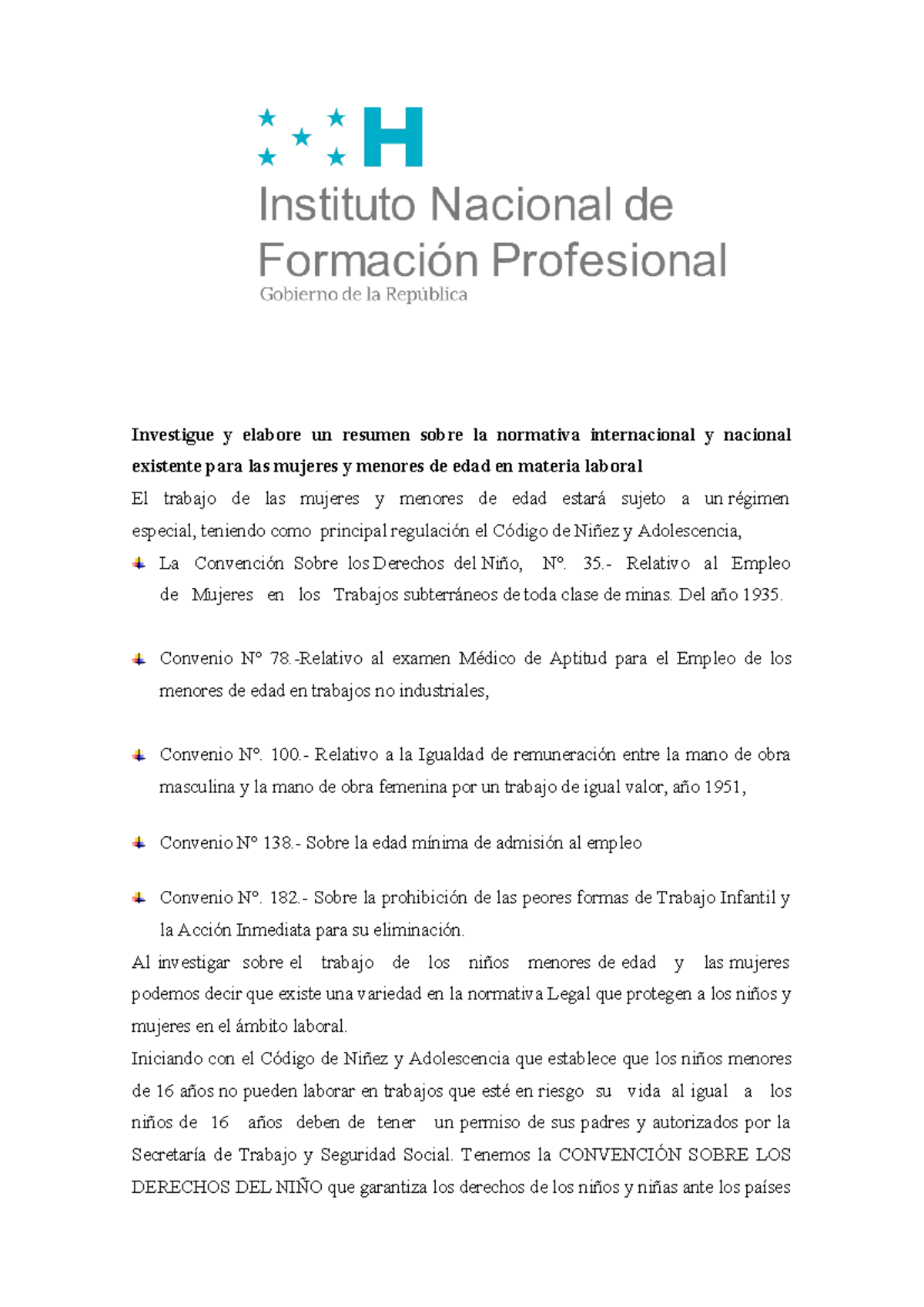 Resumen sobre la Normativa Laboral para Mujeres y Menores de Edad - Document Preview