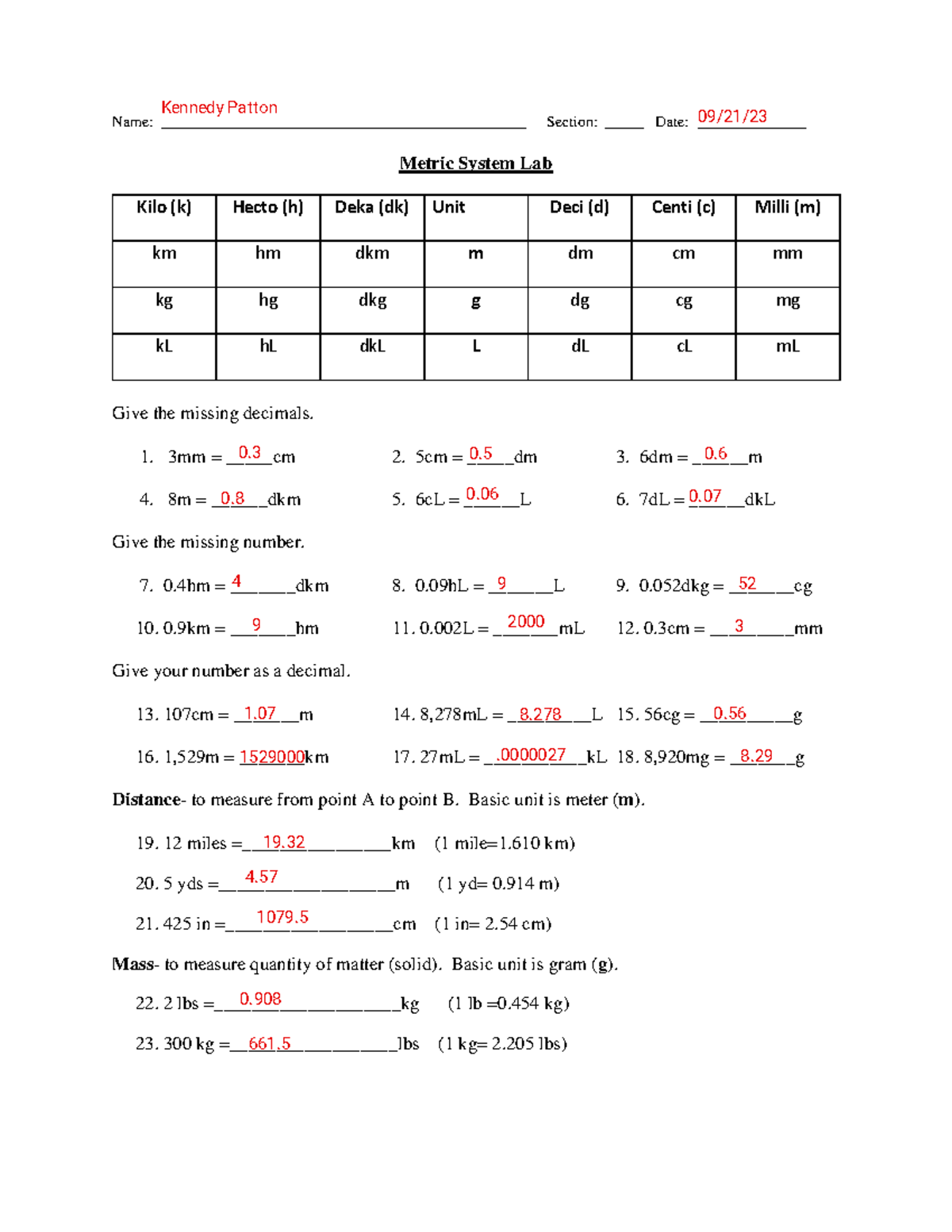 Bio Lab Metric System Lab K: Unit Conversion & Measurements - Studocu