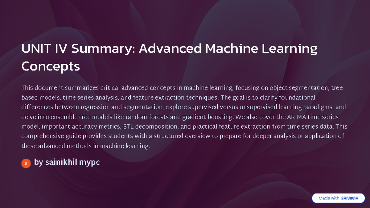 UNIT IV Summary: Advanced ML Concepts & Techniques for Analysis - Studocu