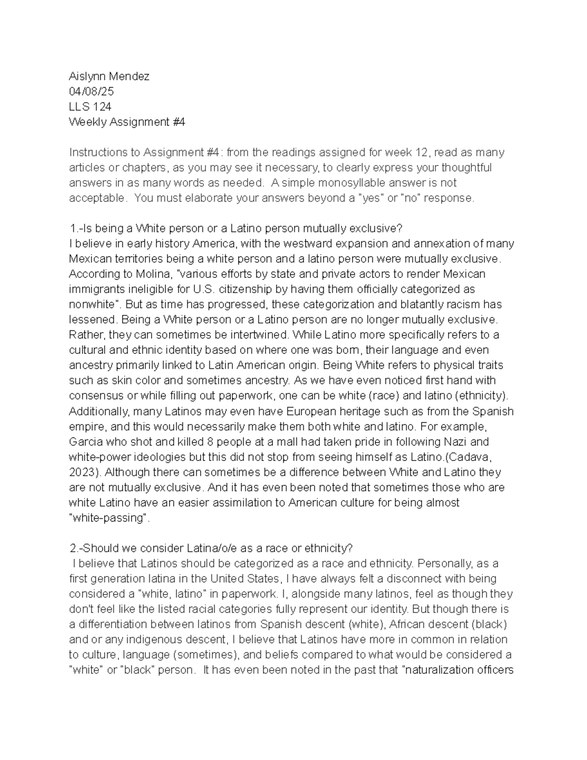 LLS 124 Weekly Assignment #4: Analyzing Latino Identity and Racism ...
