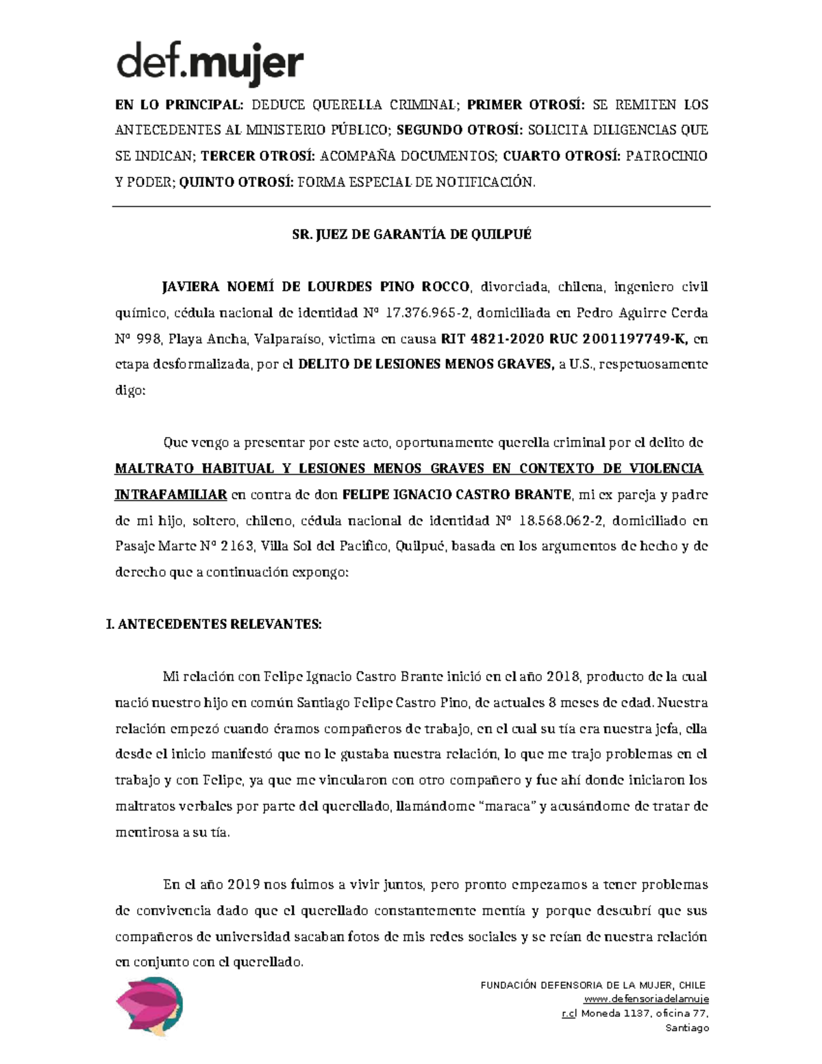 Modelo de Querella por Maltrato Habitual y Lesiones Menos Graves - Studocu