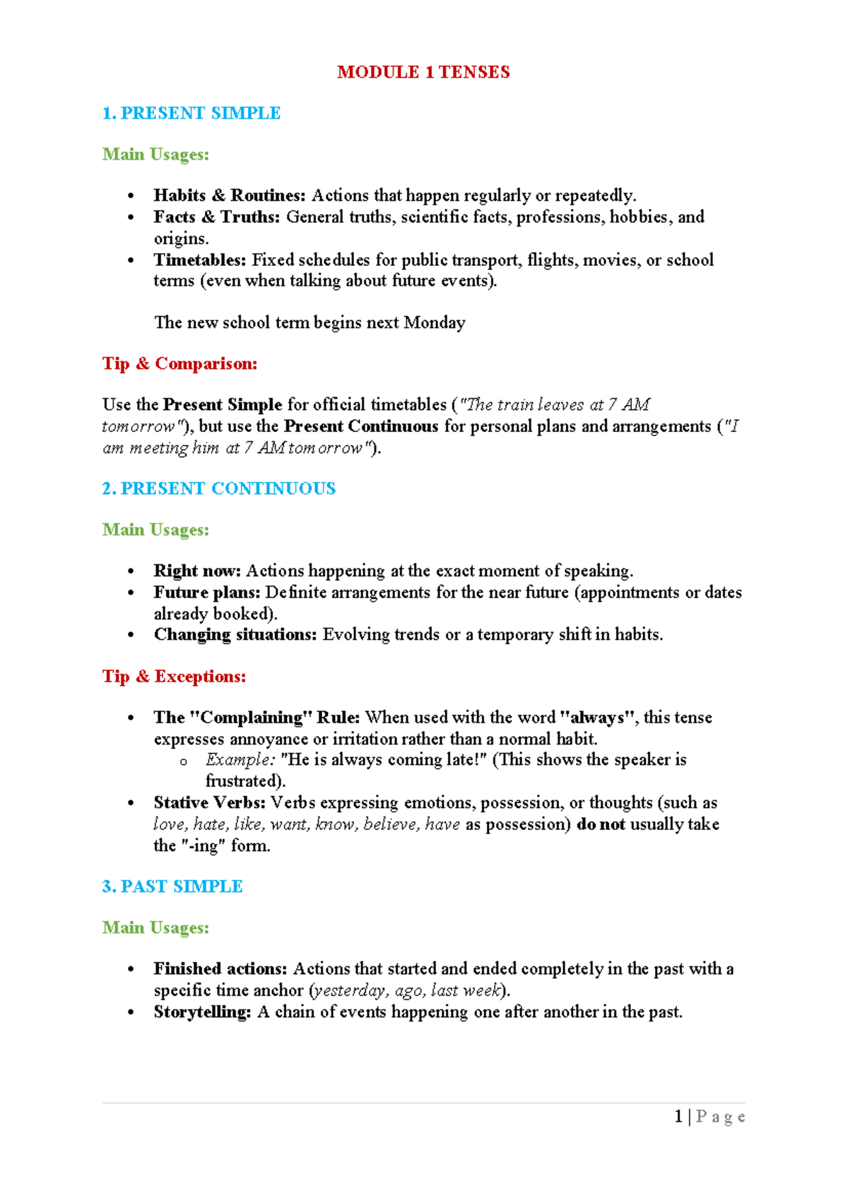MODULE 1 TENSES: Present, Past, and Future Forms Explained - Studocu