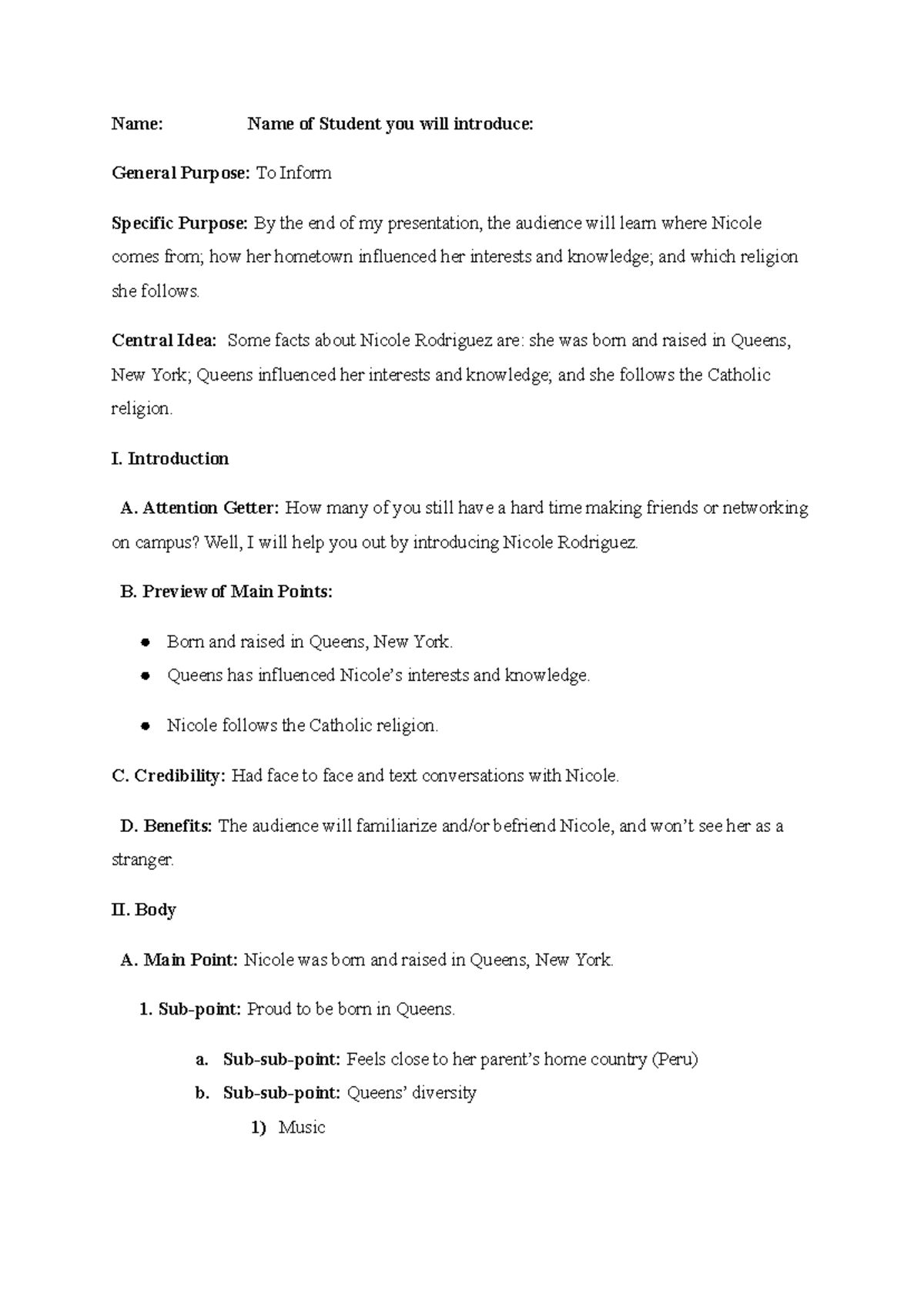 Introduction Outline - Name: Name of Student you will introduce ...