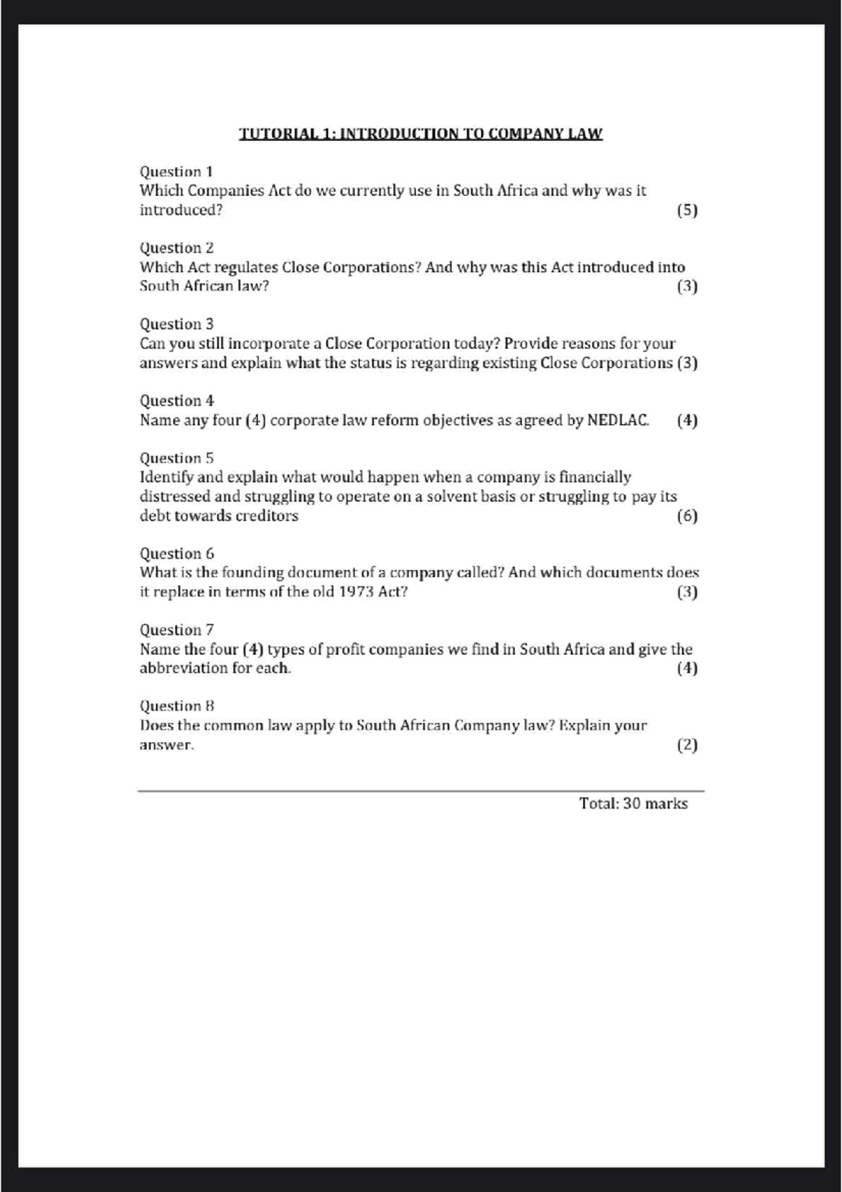COMP 101: Tutorial 1 - Intro to Company Law Practice Questions - Studocu