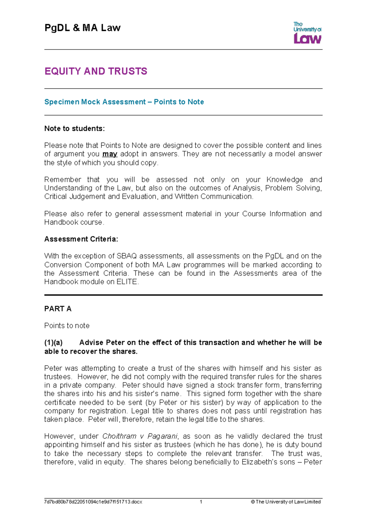 PgDL MA Law EQUITY AND TRUSTS Specimen Mock Assessment Points to Note ...