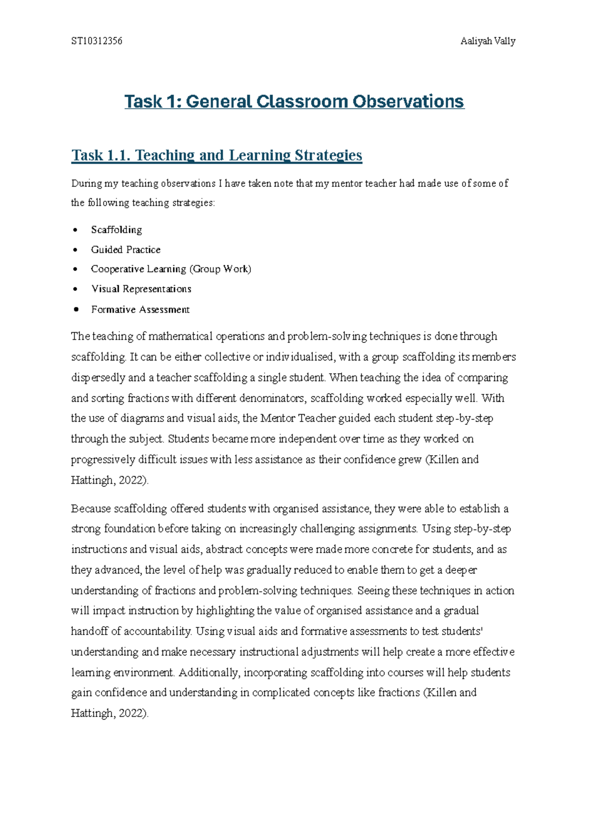 General Classroom Observations, observation log - Task 1: General ...