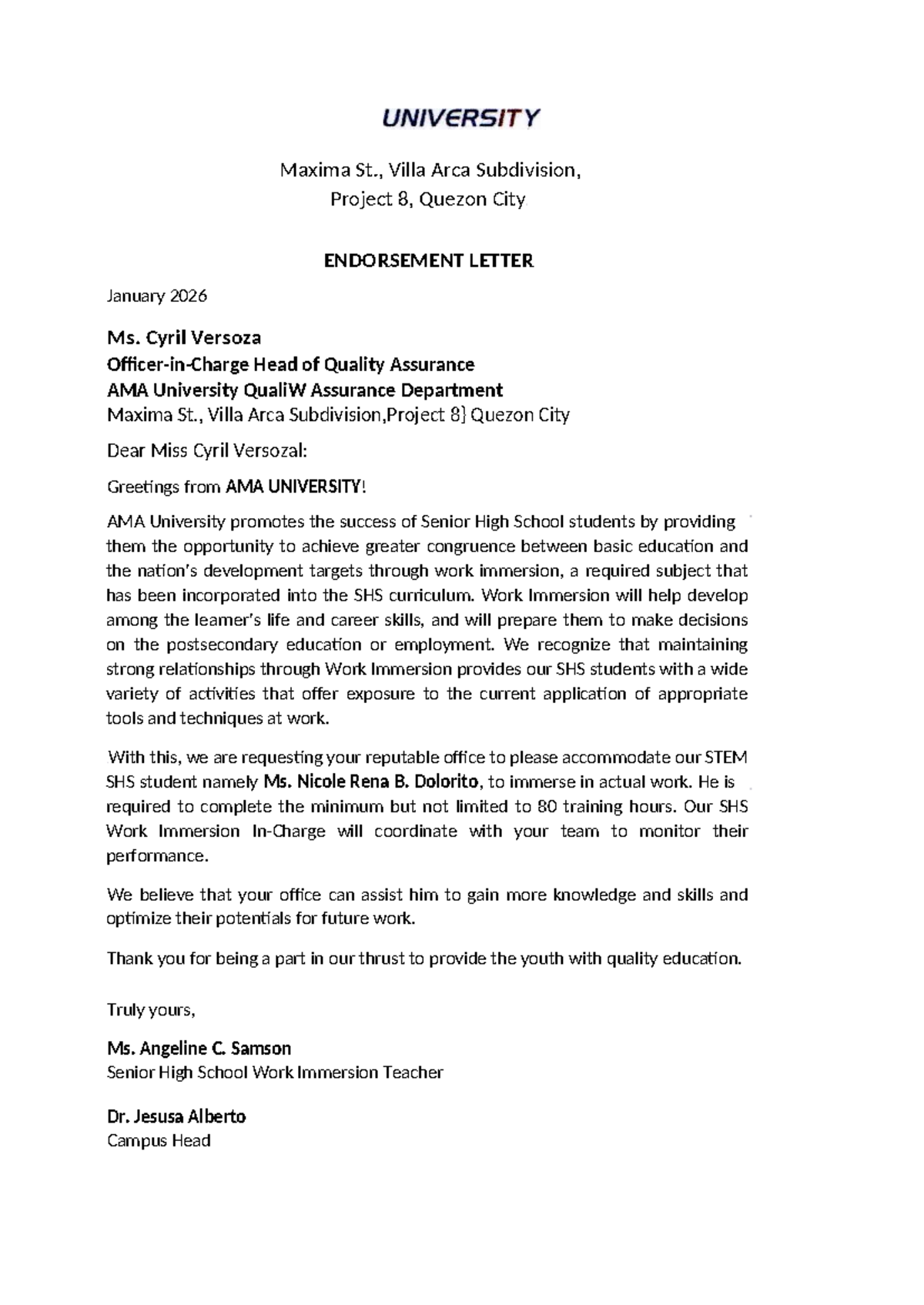 Endorsement Letter for Work Immersion - STEM SHS Students - Studocu