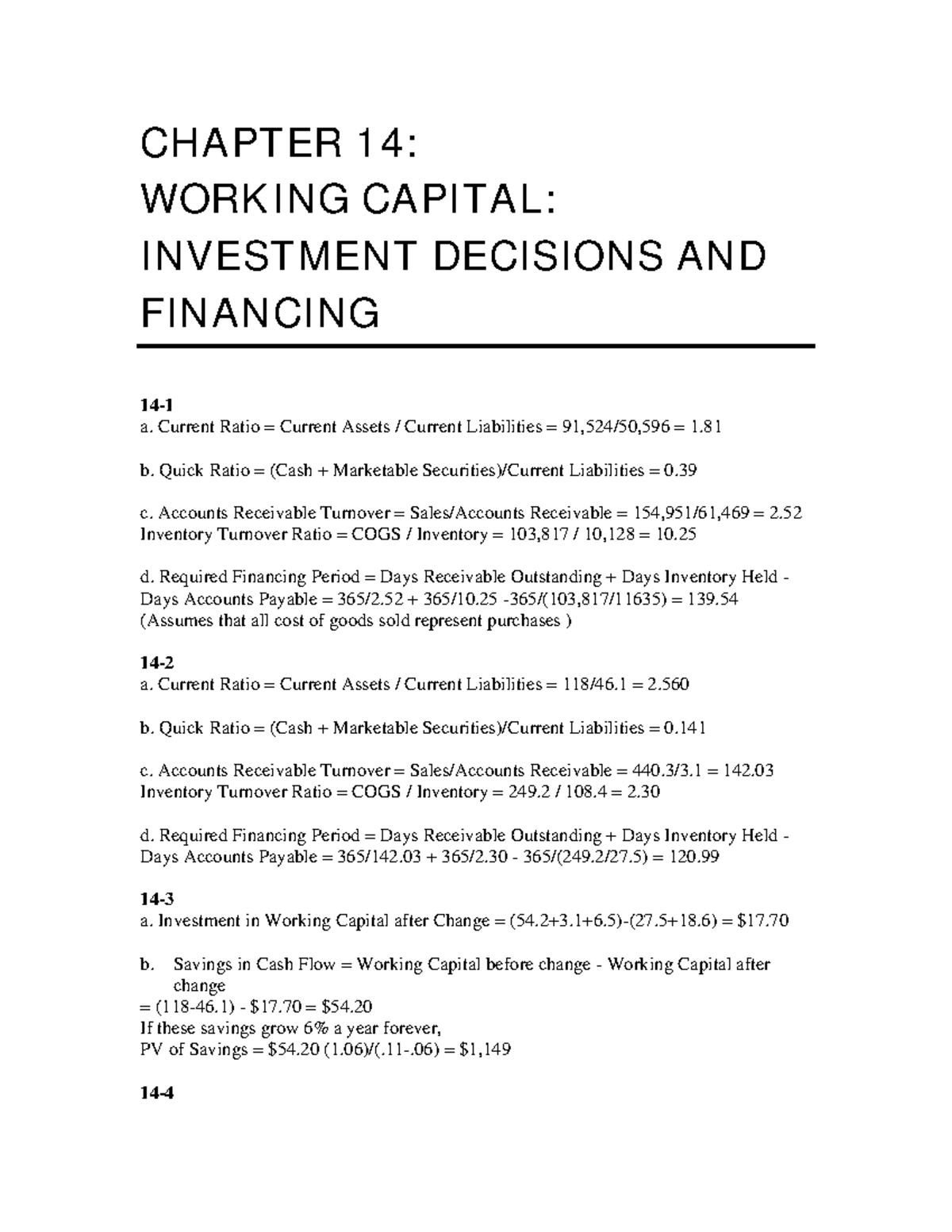 CH14: Working Capital Investment Decisions & Financing Analysis - Studocu