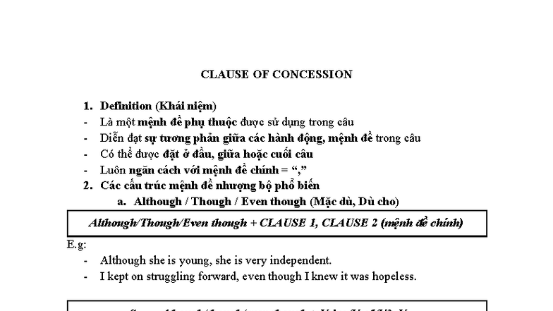 CLAUSE OF CONCESSION: Exercises and Notes for English 9 (Gs Huyền 29/11 ...