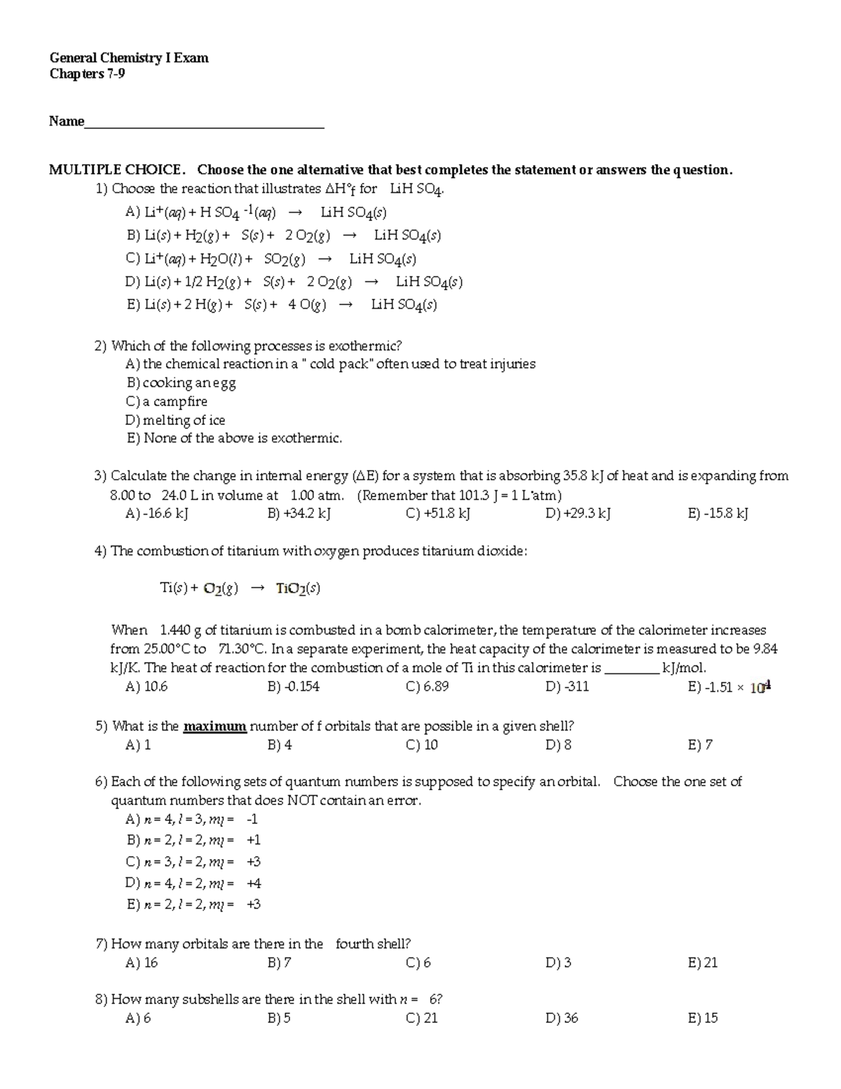 General Chemistry I Final Exam: Chapters 7-9 - Studocu