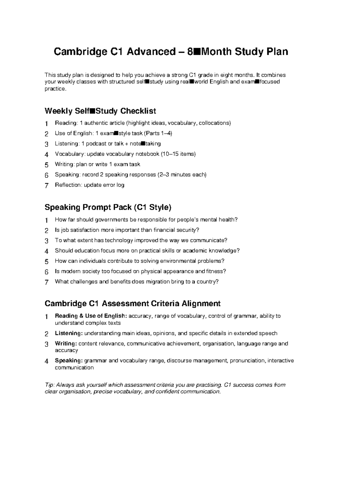 C1 Advanced 8-Month Study Plan for Exam Success - Studocu