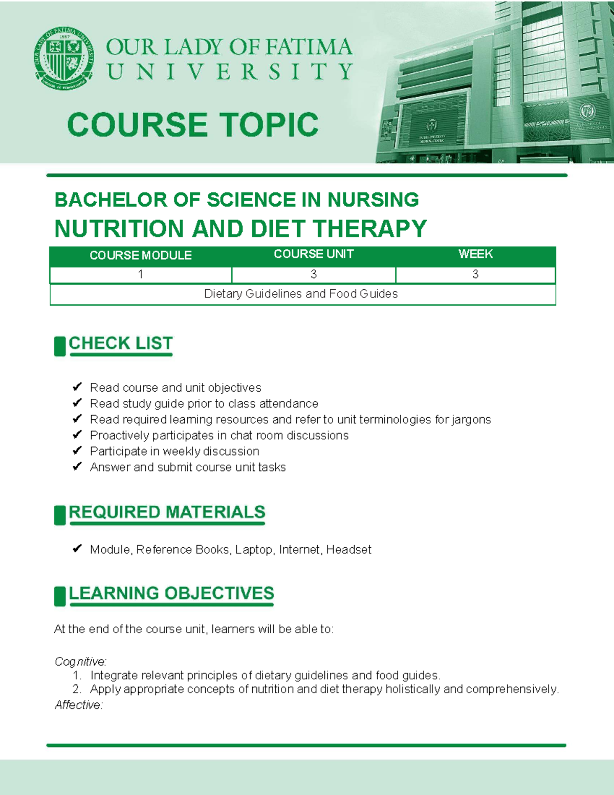 Nutrition and Diet Therapy Course Module (CM 1, CU 3) - Week 3 Lecture ...